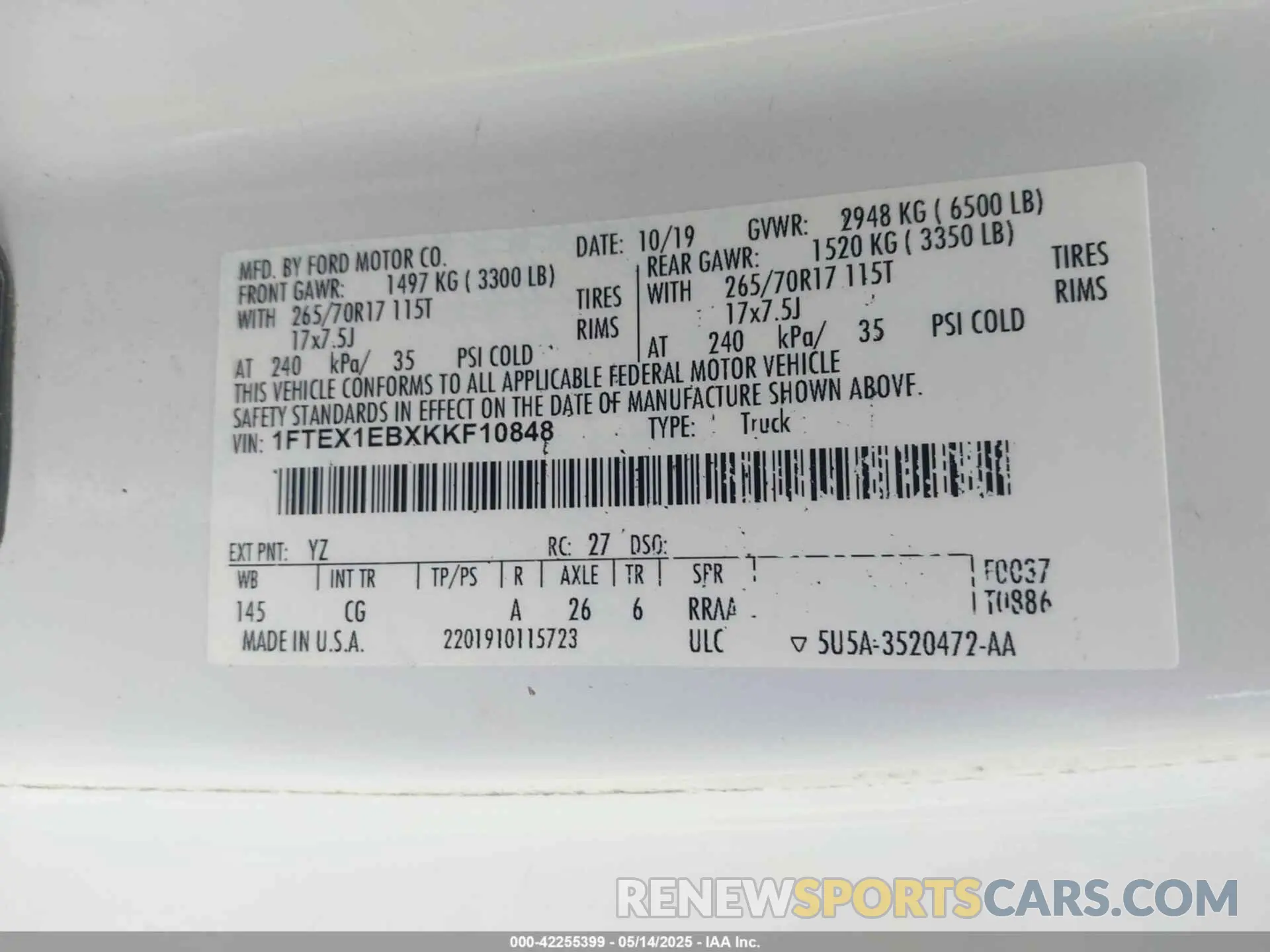 9 fotografías del automóvil dañado 1FTEX1EBXKKF10848 FORD F-150 2019