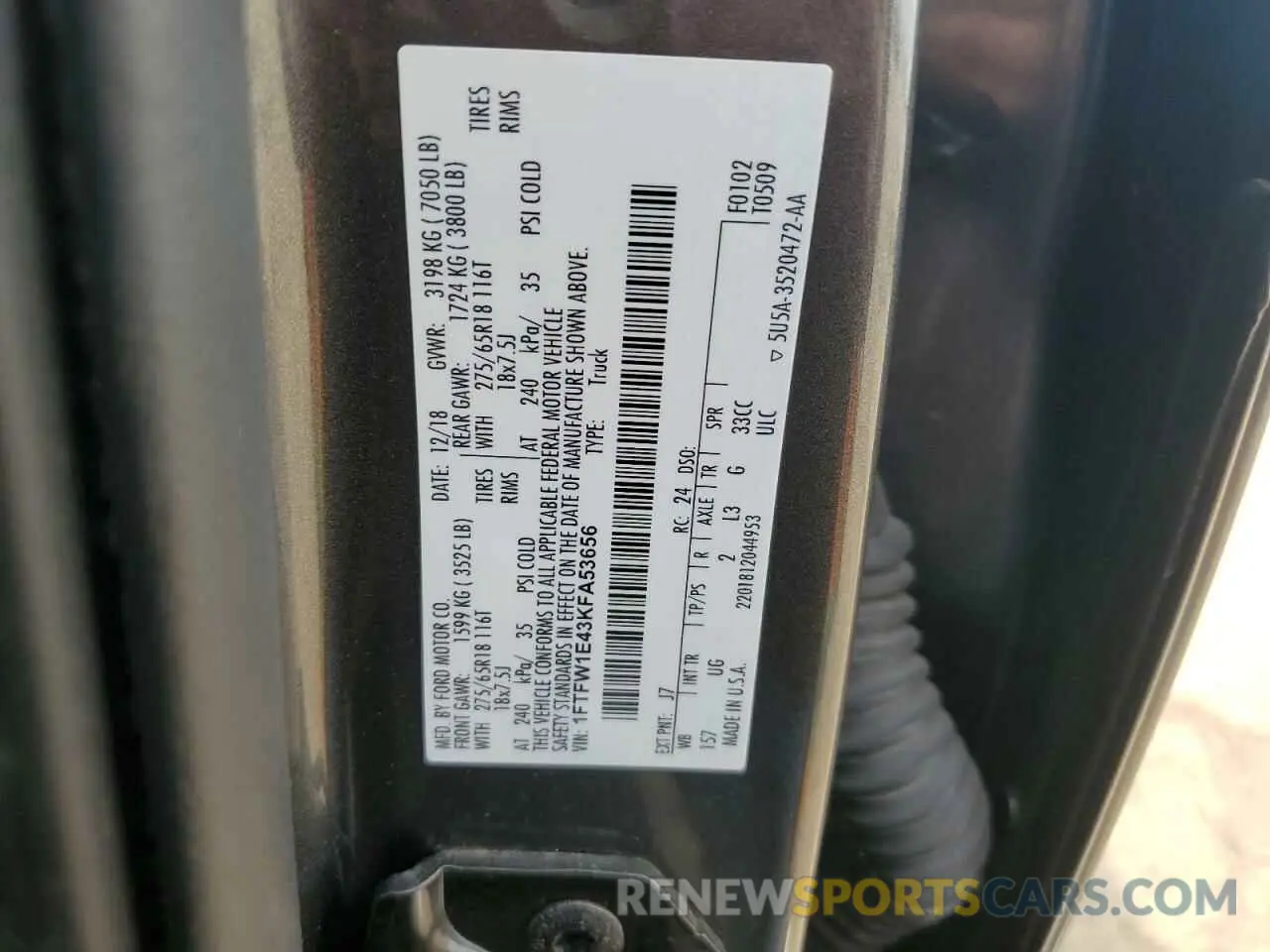 12 fotografías del automóvil dañado 1FTFW1E43KFA53656 FORD F-150 2019
