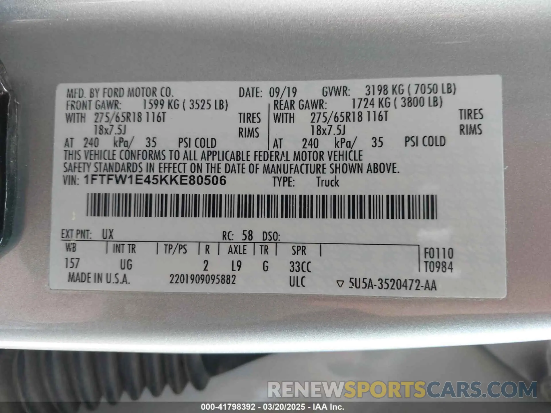 9 fotografías del automóvil dañado 1FTFW1E45KKE80506 FORD F-150 2019