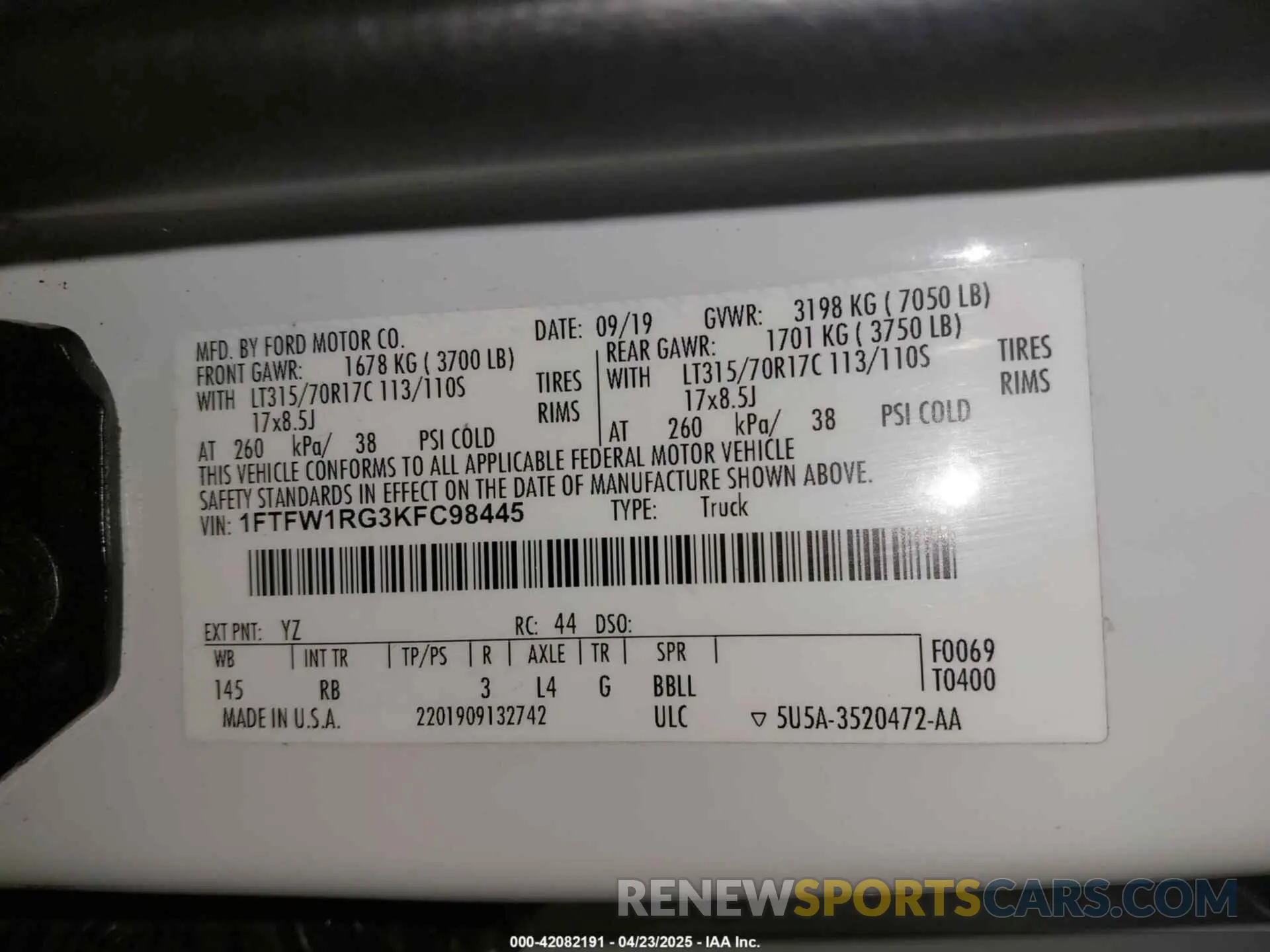 9 fotografías del automóvil dañado 1FTFW1RG3KFC98445 FORD F-150 2019