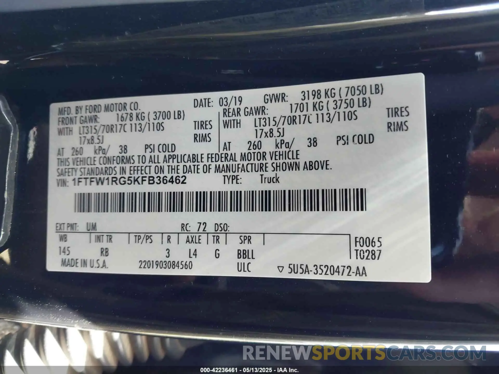 9 fotografías del automóvil dañado 1FTFW1RG5KFB36462 FORD F-150 2019