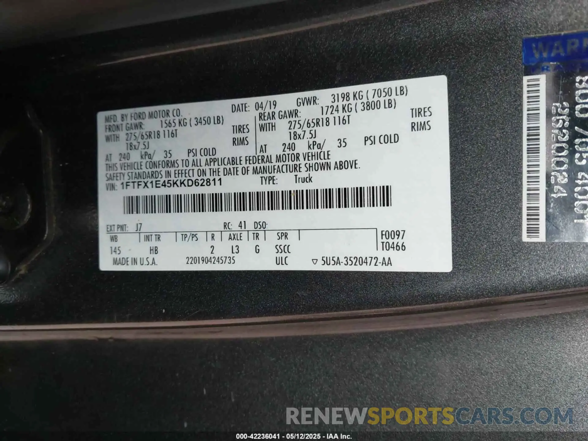 9 fotografías del automóvil dañado 1FTFX1E45KKD62811 FORD F-150 2019
