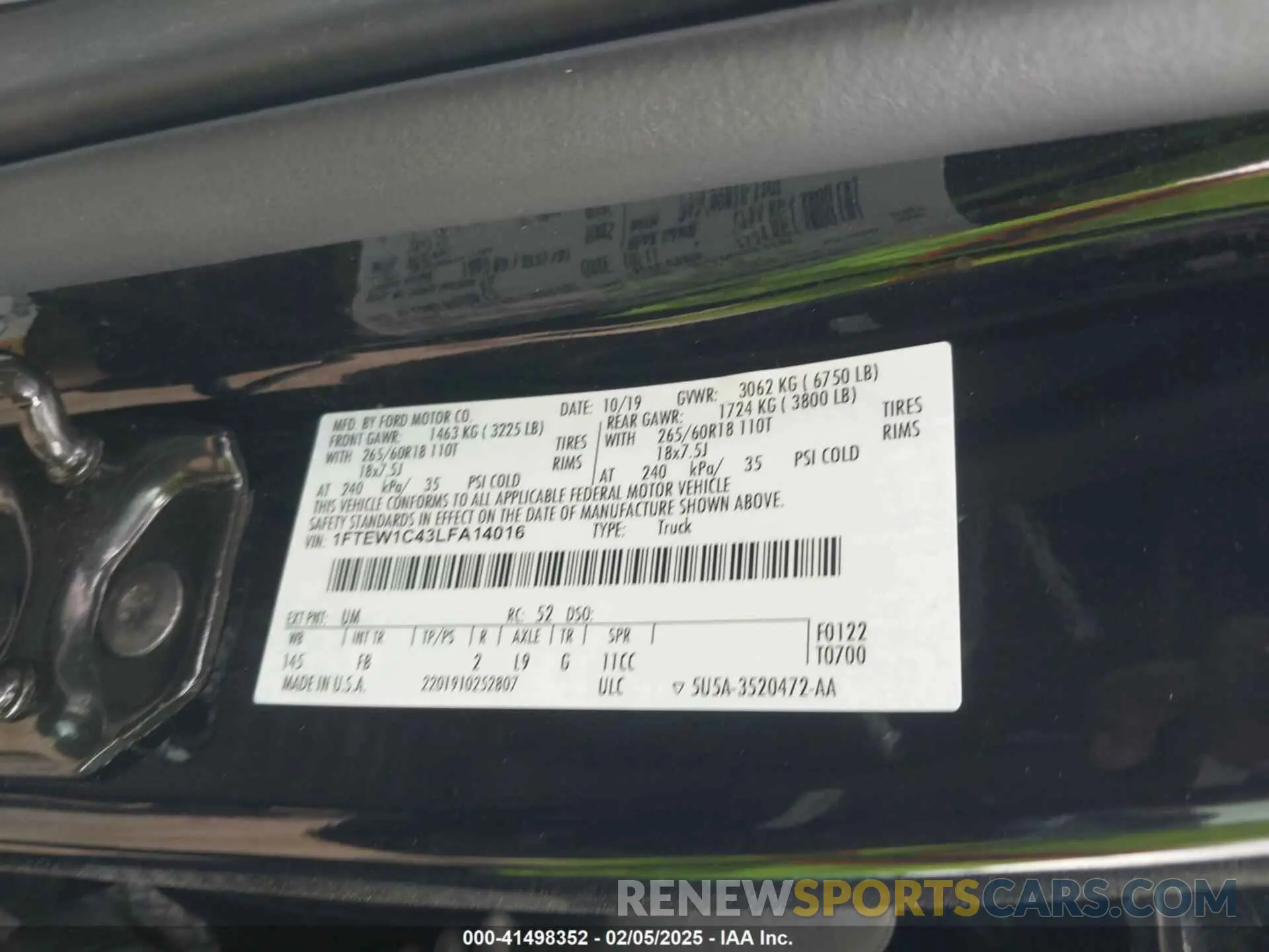 9 fotografías del automóvil dañado 1FTEW1C43LFA14016 FORD F-150 2020