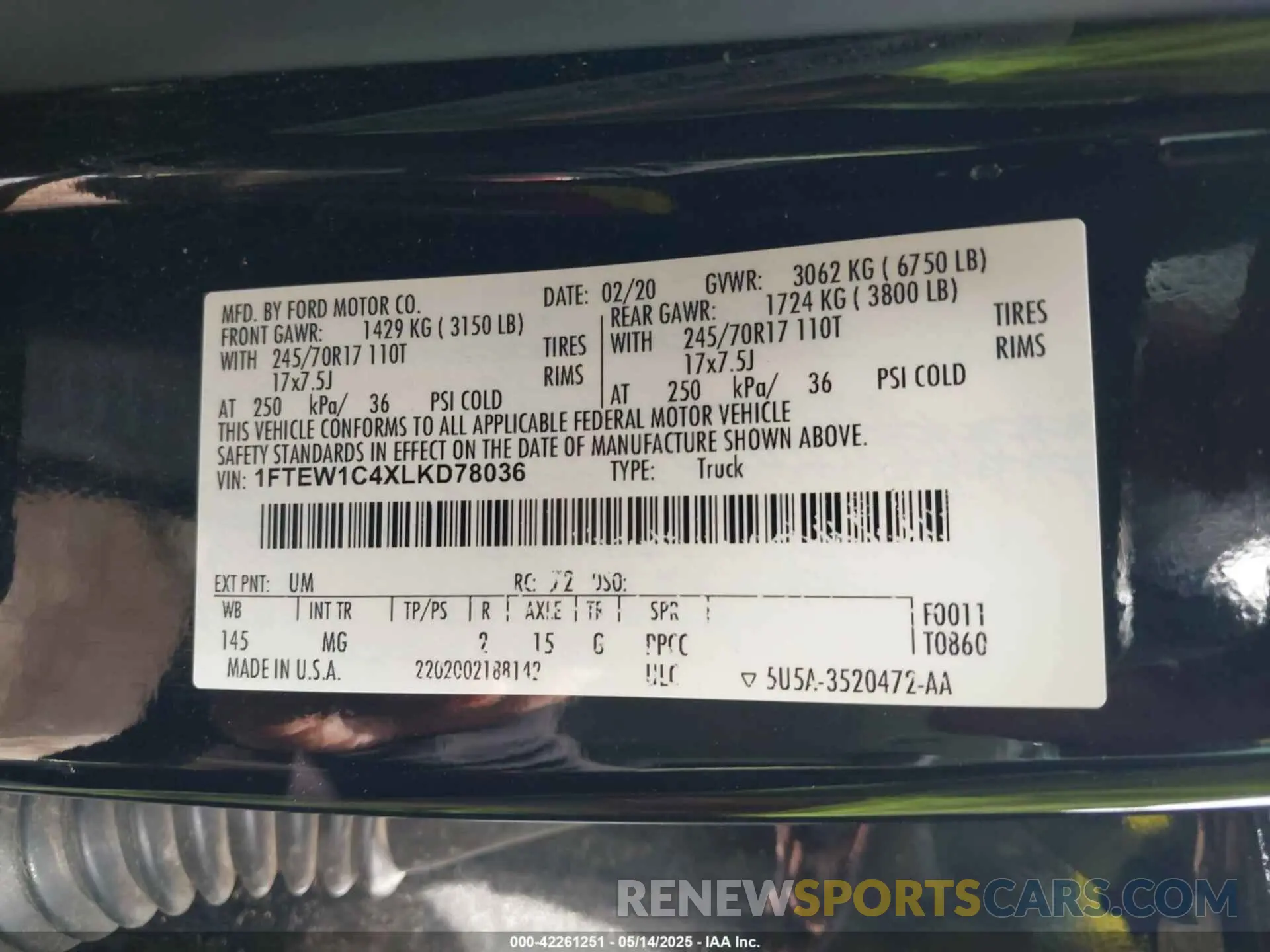 9 fotografías del automóvil dañado 1FTEW1C4XLKD78036 FORD F-150 2020