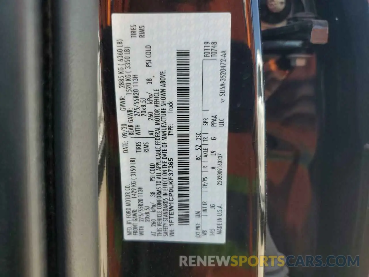 12 fotografías del automóvil dañado 1FTEW1CP0LKF37365 FORD F-150 2020