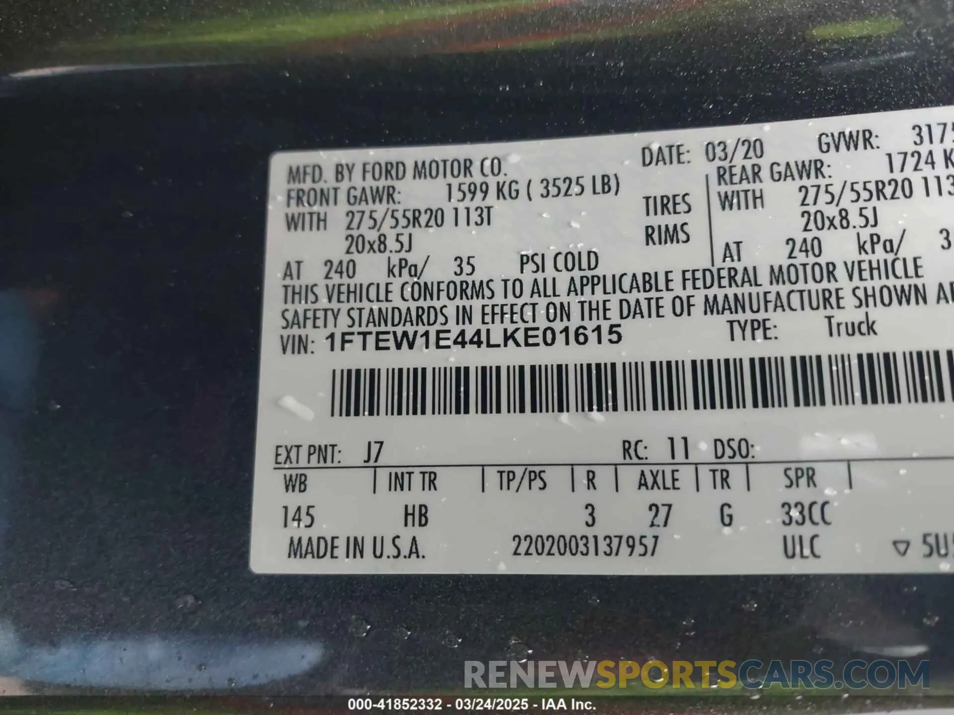 9 fotografías del automóvil dañado 1FTEW1E44LKE01615 FORD F-150 2020