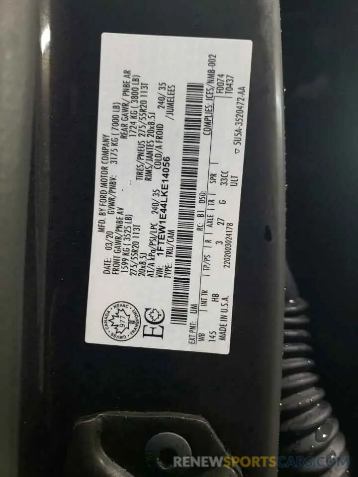 12 fotografías del automóvil dañado 1FTEW1E44LKE14056 FORD F-150 2020
