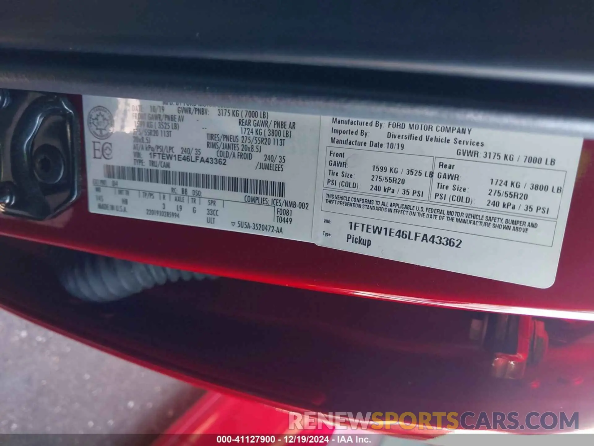 9 fotografías del automóvil dañado 1FTEW1E46LFA43362 FORD F-150 2020