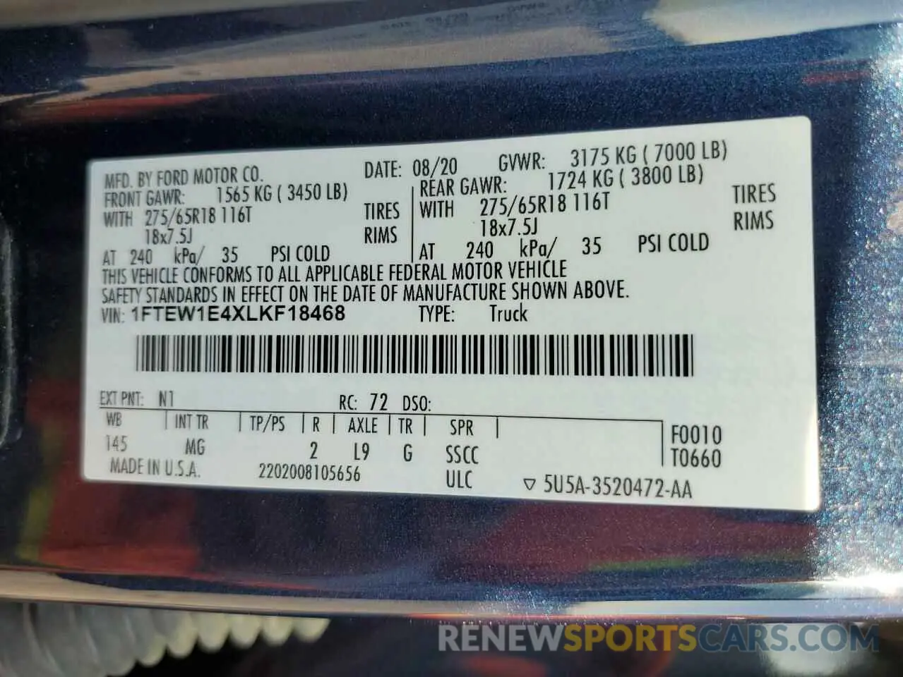 13 fotografías del automóvil dañado 1FTEW1E4XLKF18468 FORD F-150 2020