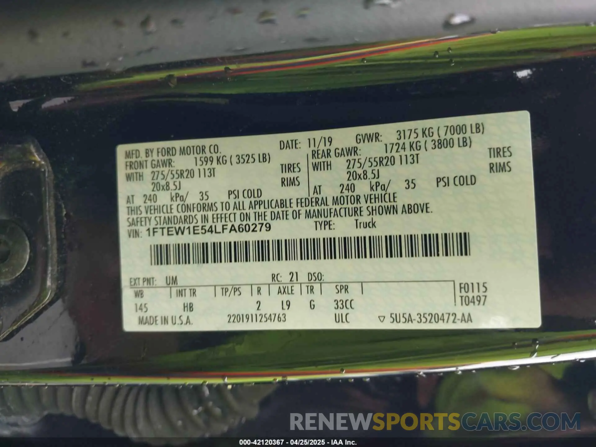 9 fotografías del automóvil dañado 1FTEW1E54LFA60279 FORD F-150 2020