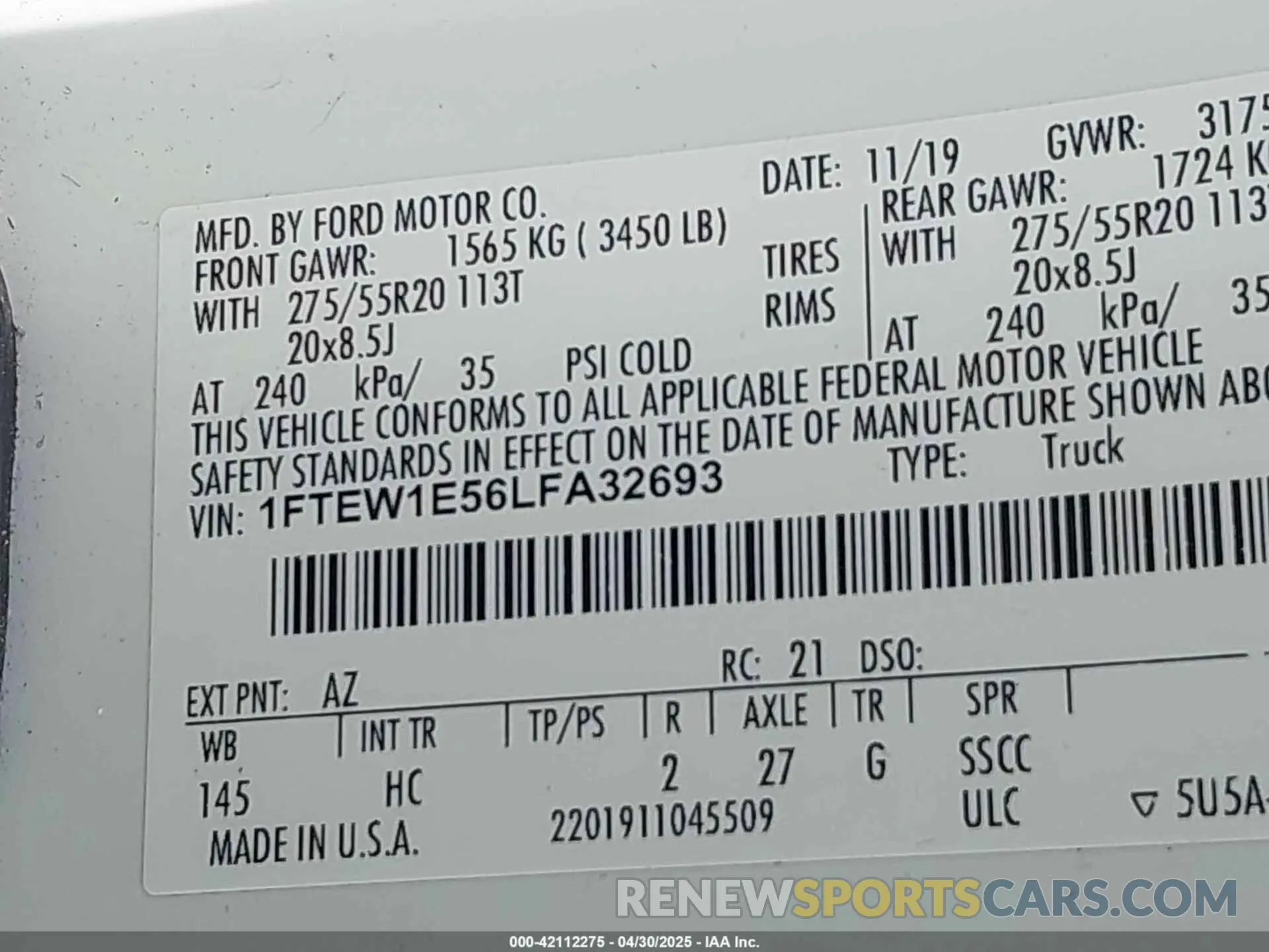 9 fotografías del automóvil dañado 1FTEW1E56LFA32693 FORD F-150 2020