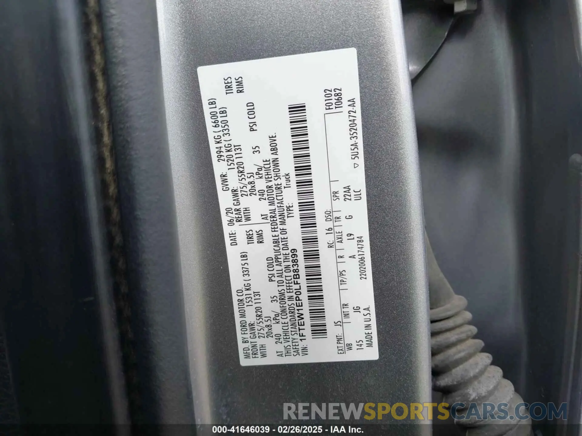 9 fotografías del automóvil dañado 1FTEW1EP0LFB83899 FORD F-150 2020