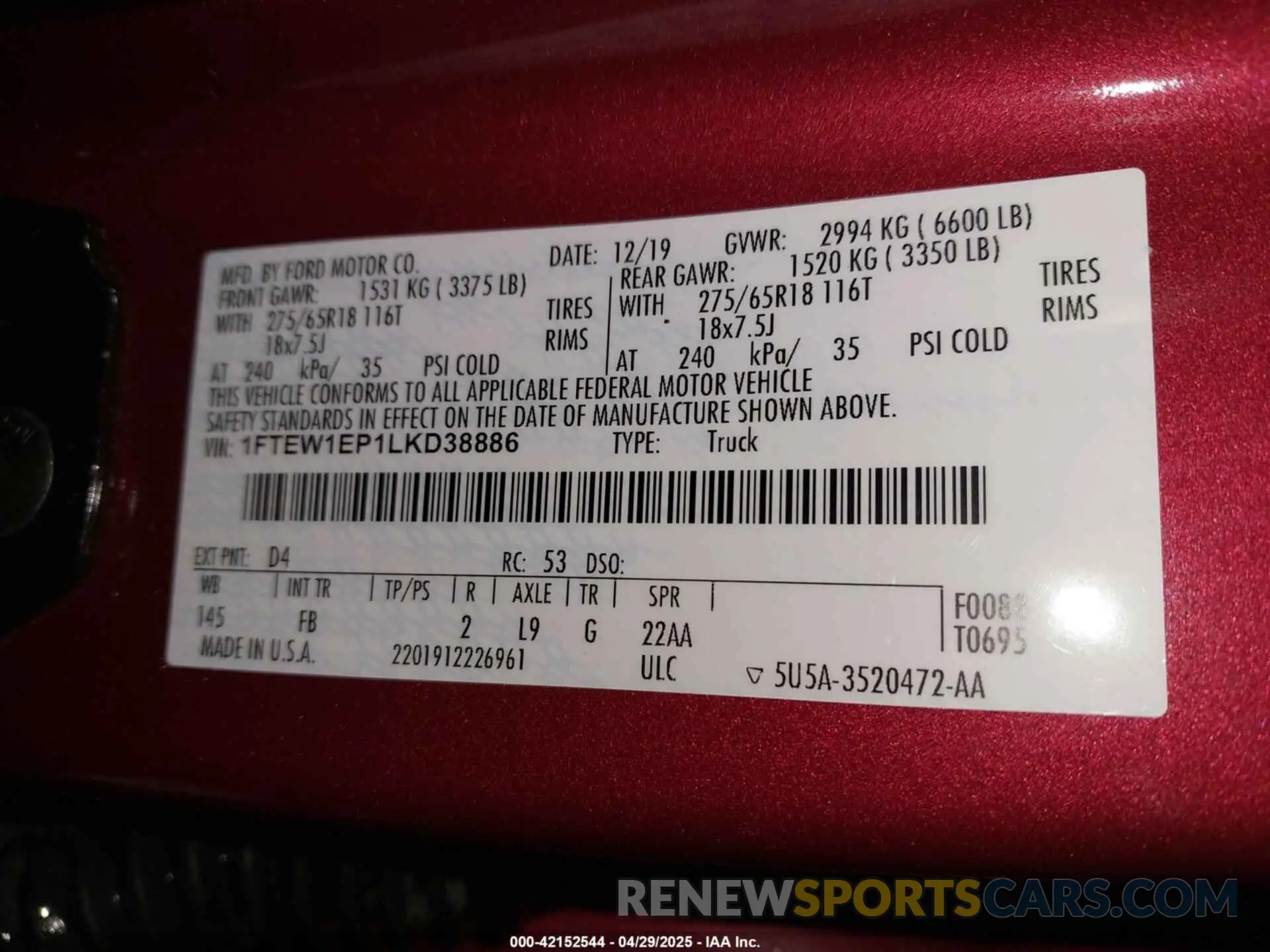 9 fotografías del automóvil dañado 1FTEW1EP1LKD38886 FORD F-150 2020