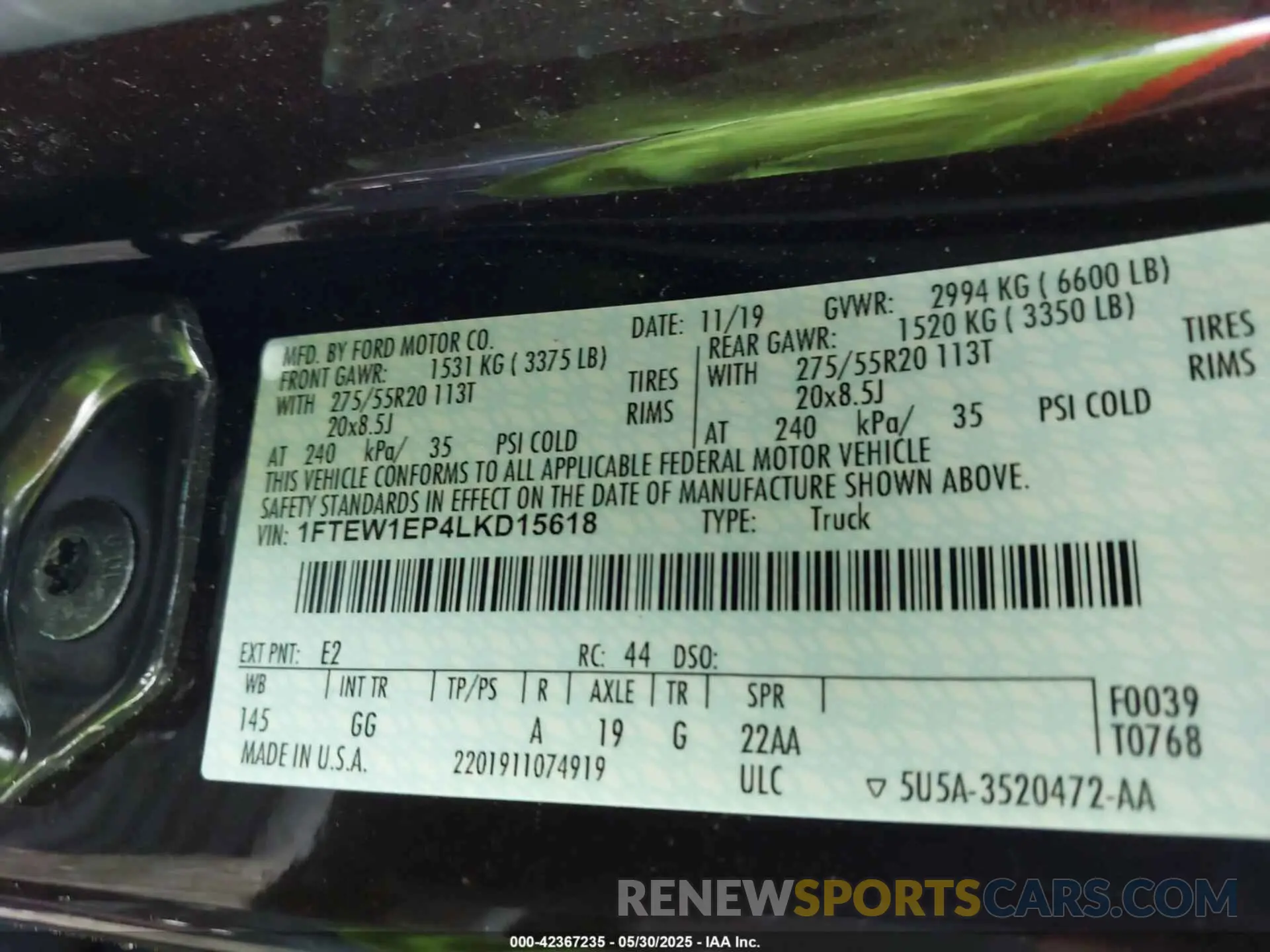 9 fotografías del automóvil dañado 1FTEW1EP4LKD15618 FORD F-150 2020