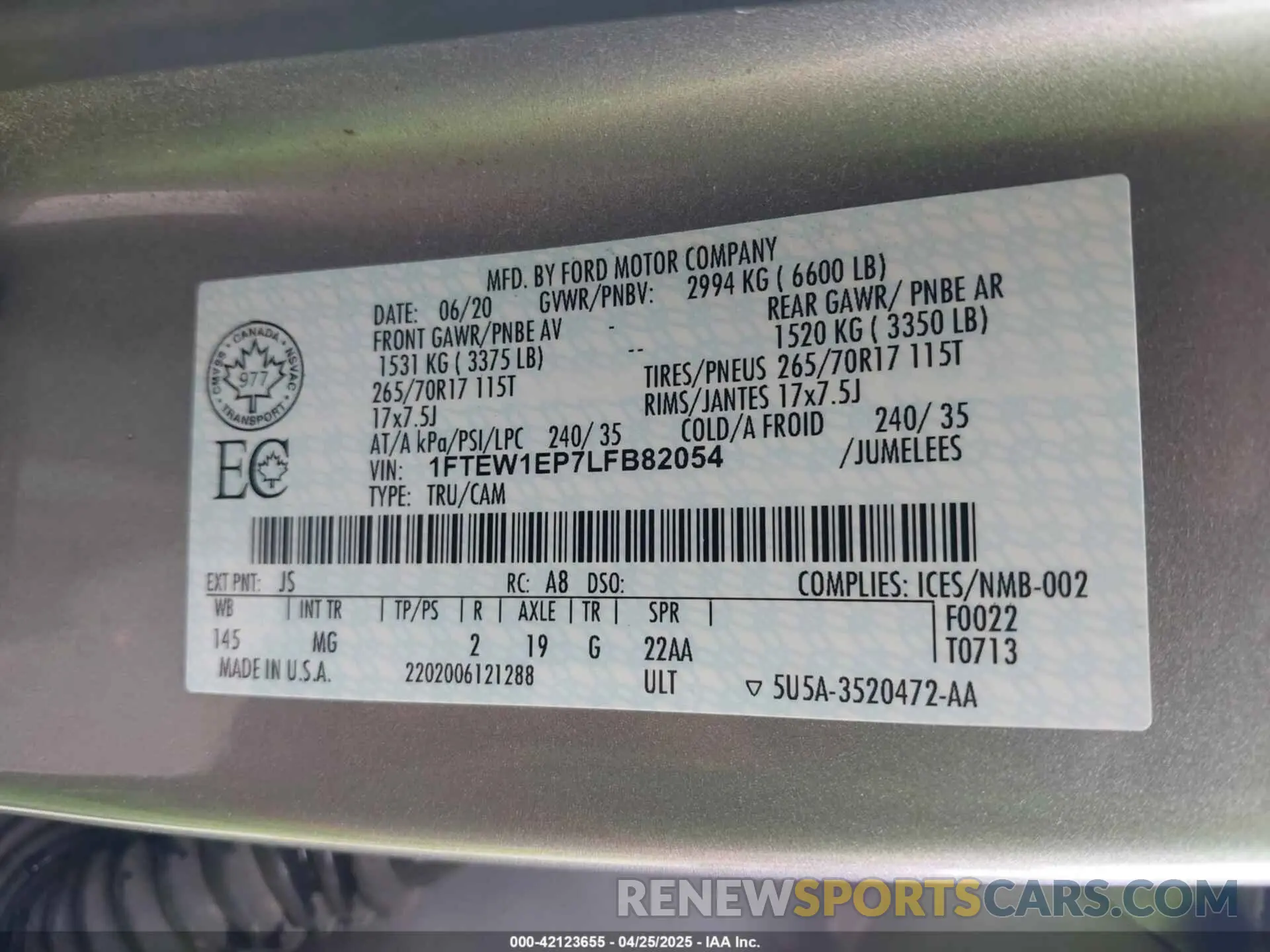 9 fotografías del automóvil dañado 1FTEW1EP7LFB82054 FORD F-150 2020