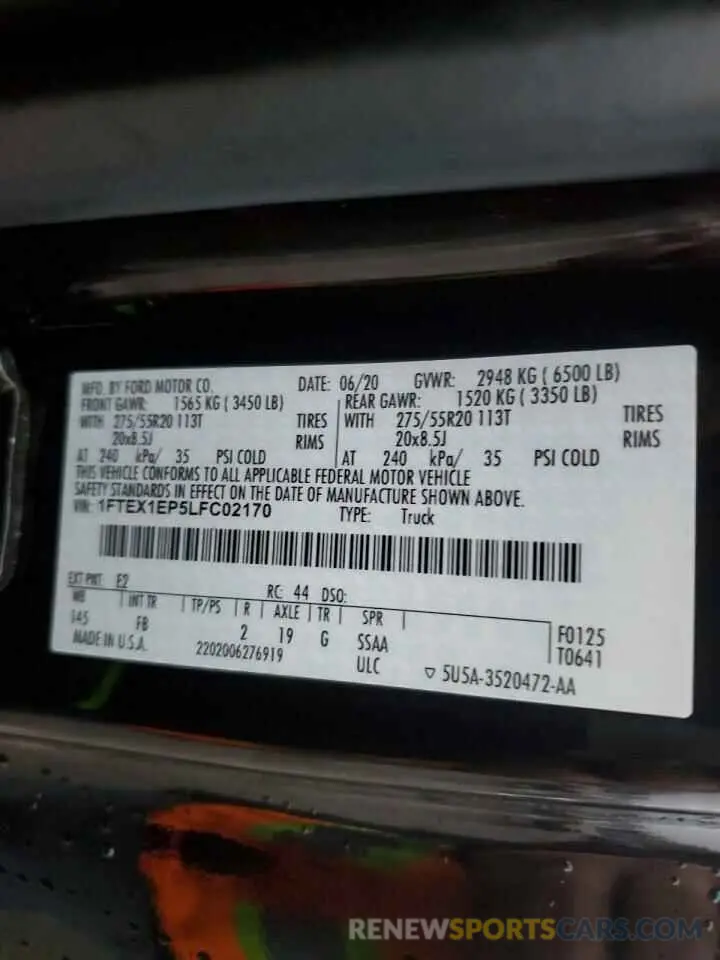 12 fotografías del automóvil dañado 1FTEX1EP5LFC02170 FORD F-150 2020