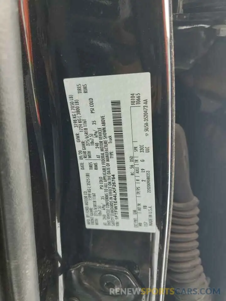 12 fotografías del automóvil dañado 1FTFW1E44LKF26764 FORD F-150 2020