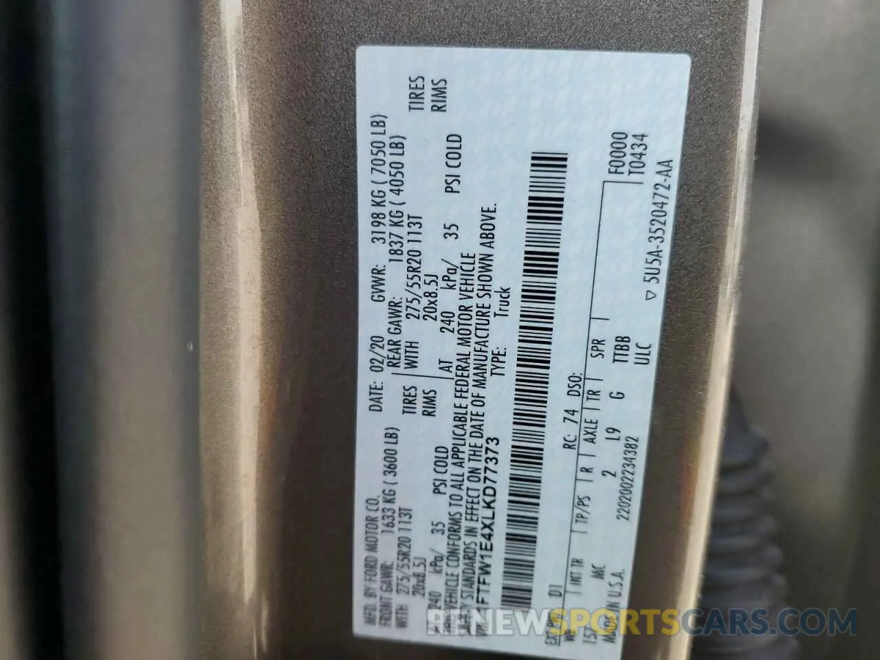 12 fotografías del automóvil dañado 1FTFW1E4XLKD77373 FORD F-150 2020