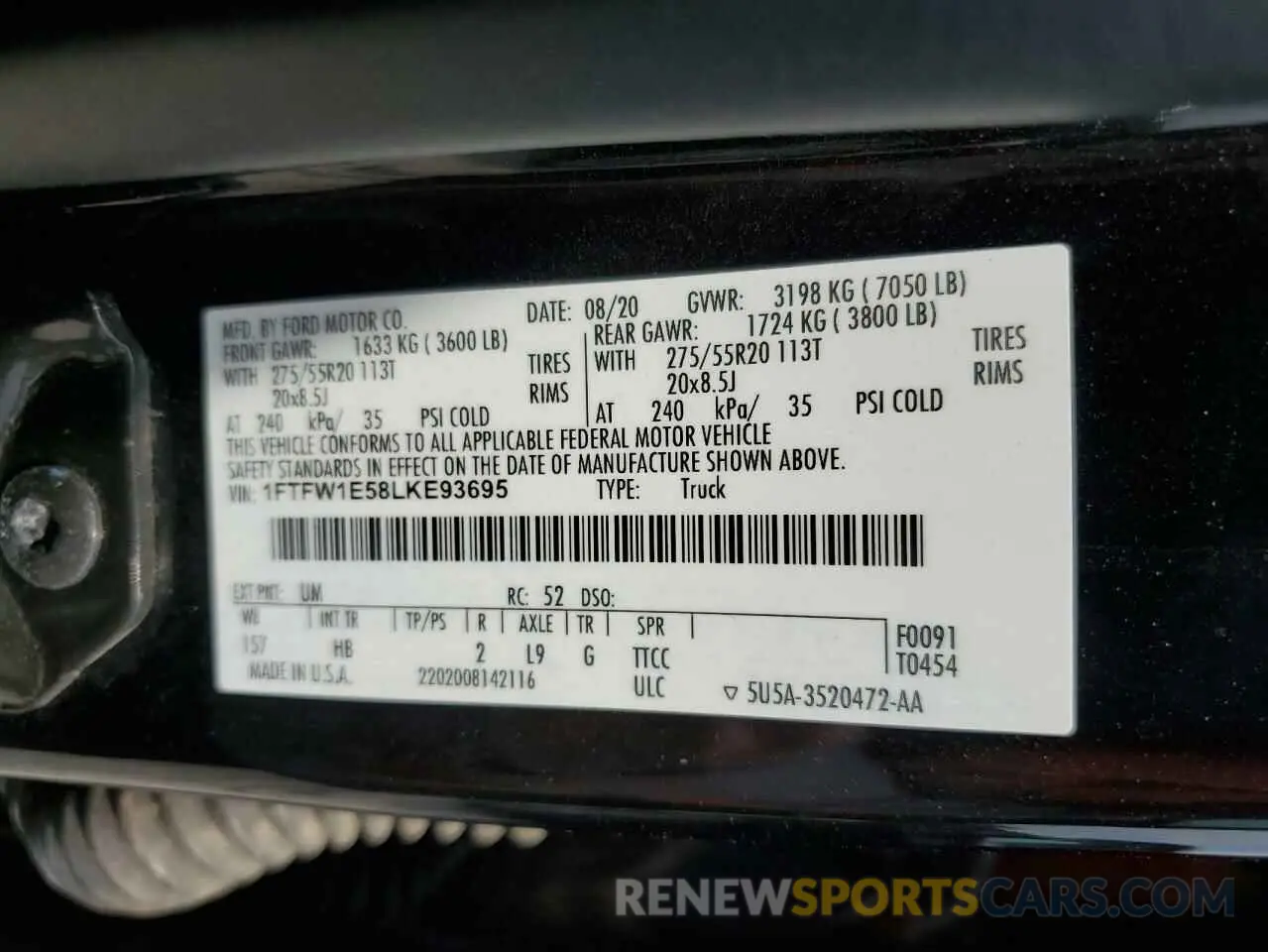 12 fotografías del automóvil dañado 1FTFW1E58LKE93695 FORD F-150 2020