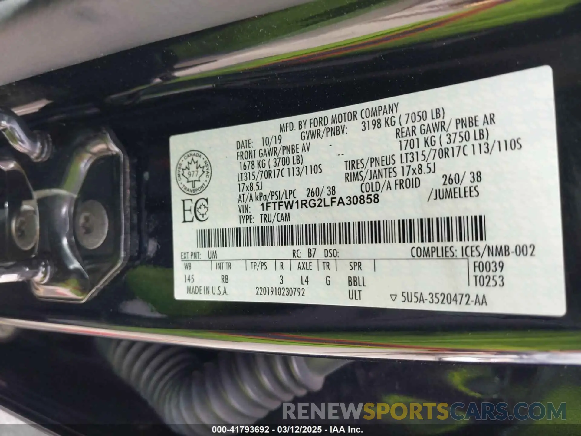 9 fotografías del automóvil dañado 1FTFW1RG2LFA30858 FORD F-150 2020