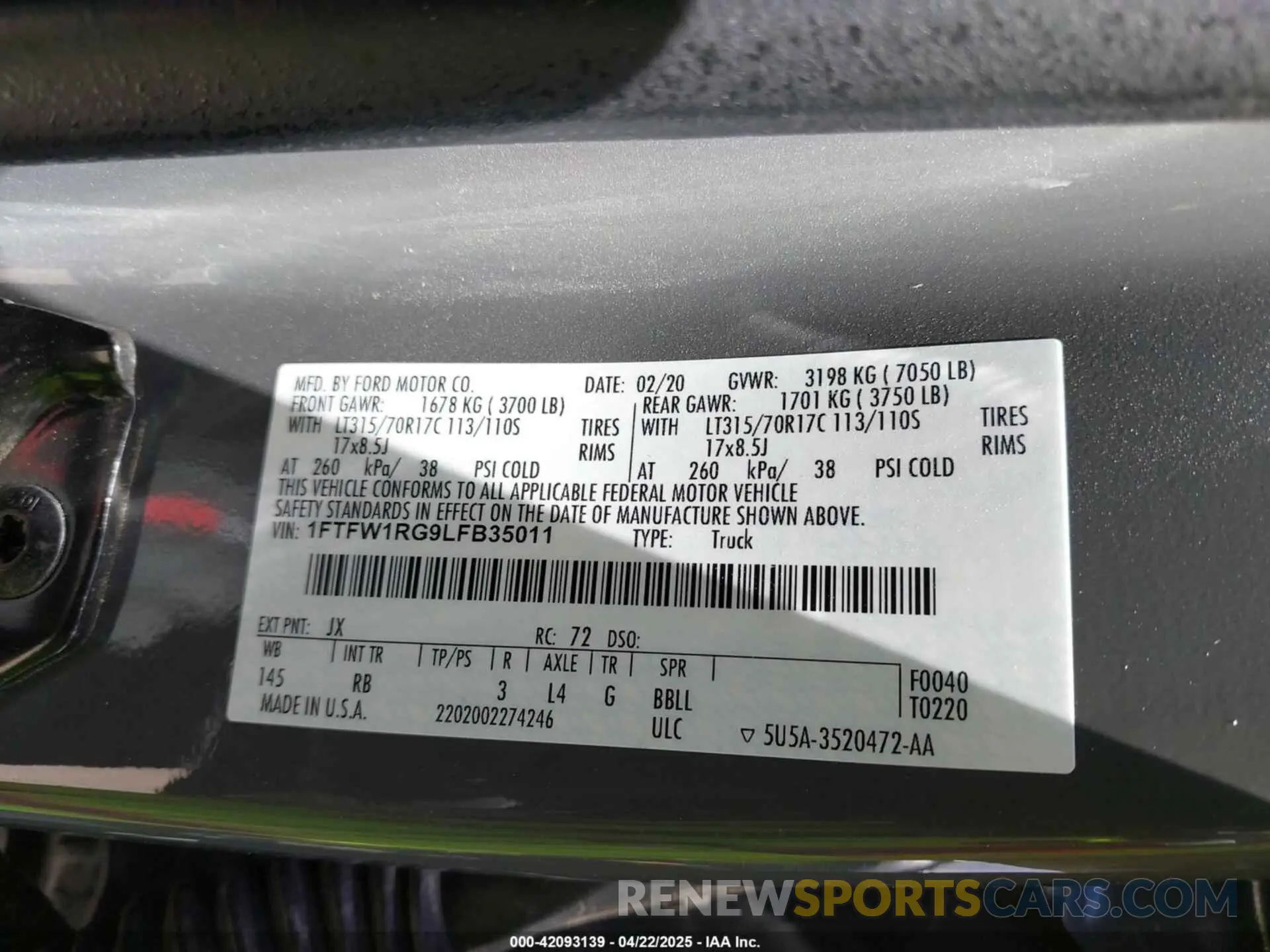 9 fotografías del automóvil dañado 1FTFW1RG9LFB35011 FORD F-150 2020