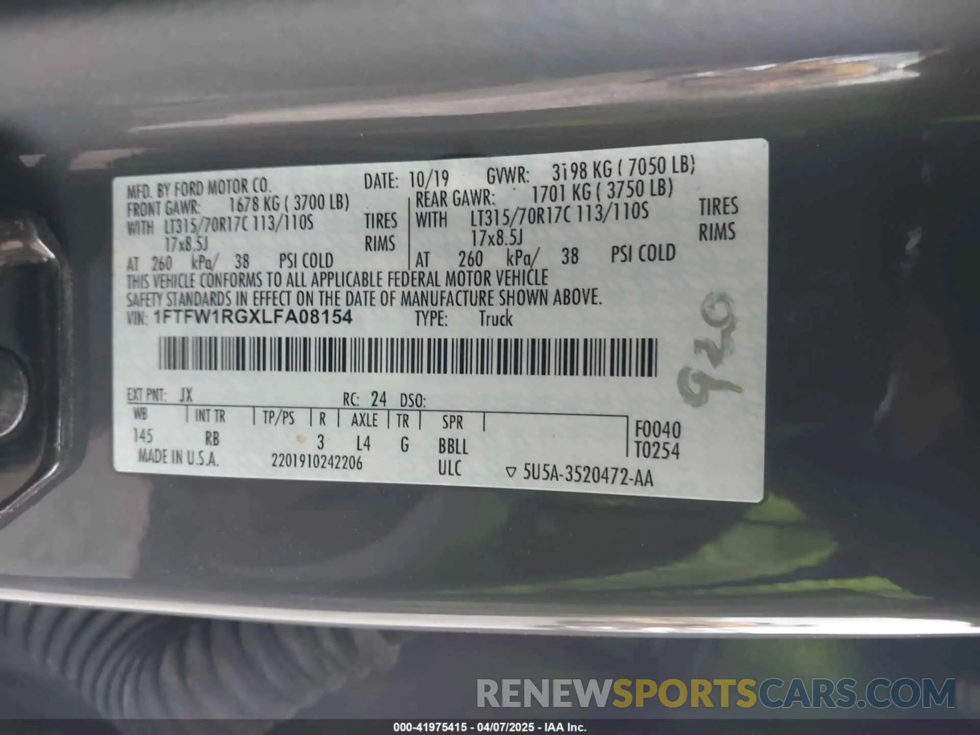 9 fotografías del automóvil dañado 1FTFW1RGXLFA08154 FORD F-150 2020