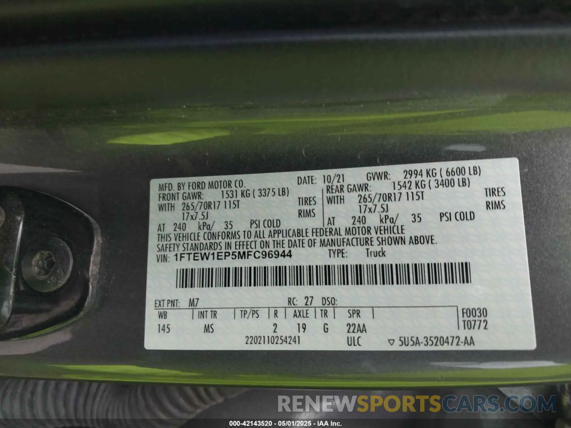 9 fotografías del automóvil dañado 1FTEW1EP5MFC96944 FORD F-150 2021