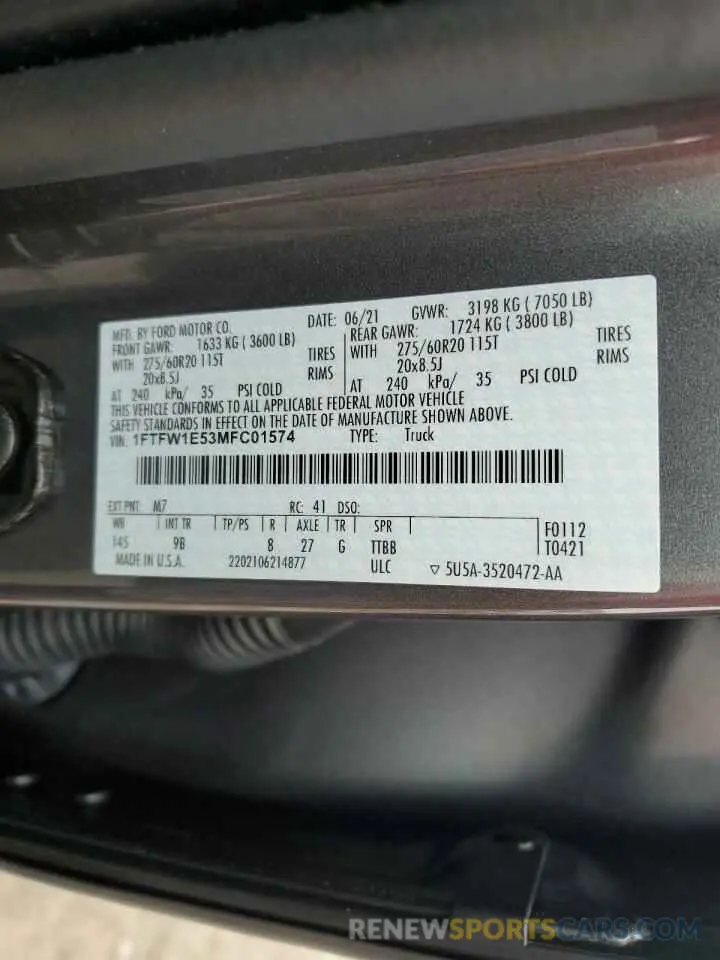 12 fotografías del automóvil dañado 1FTFW1E53MFC01574 FORD F-150 2021