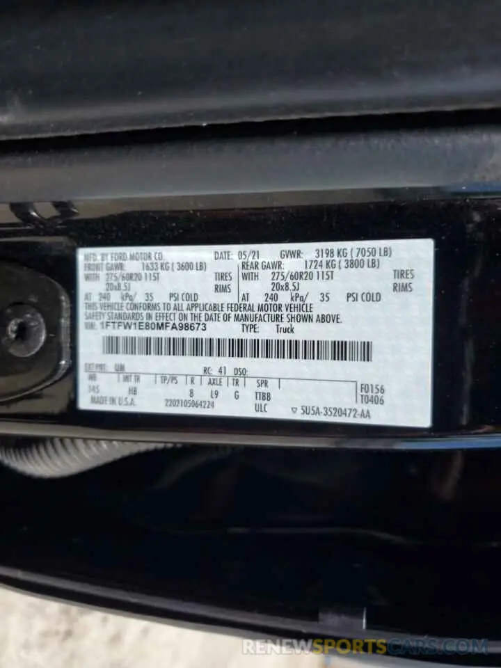 12 fotografías del automóvil dañado 1FTFW1E80MFA98673 FORD F-150 2021