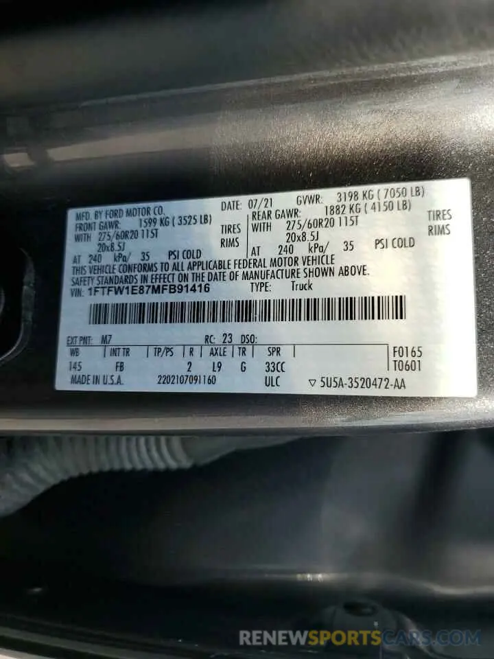 14 fotografías del automóvil dañado 1FTFW1E87MFB91416 FORD F-150 2021