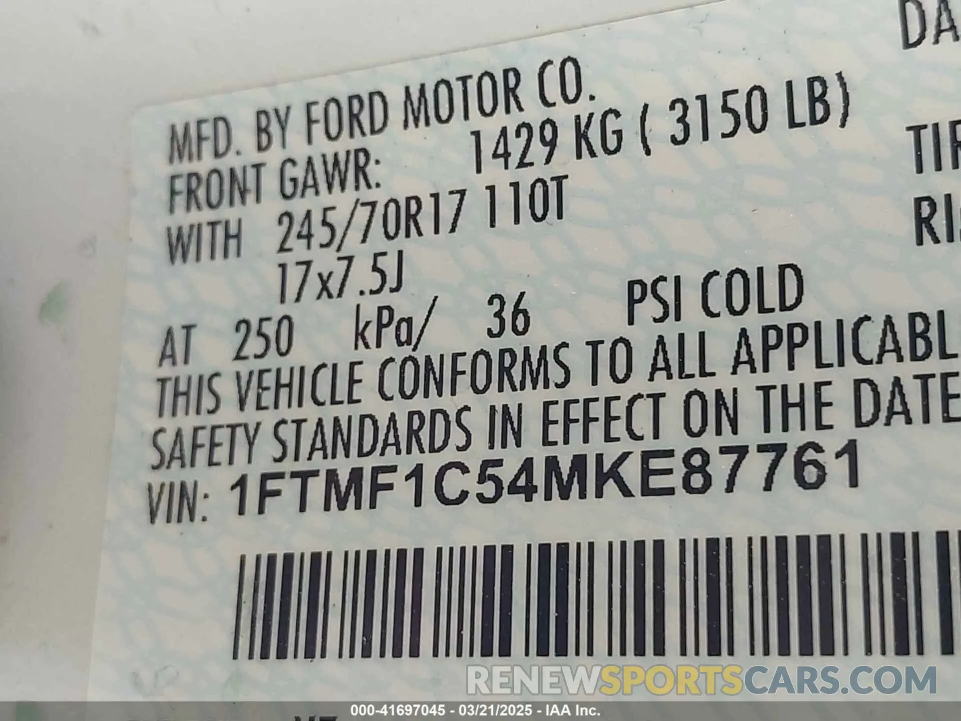 9 fotografías del automóvil dañado 1FTMF1C54MKE87761 FORD F-150 2021