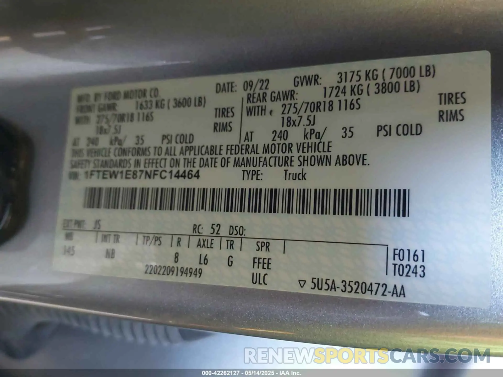 9 fotografías del automóvil dañado 1FTEW1E87NFC14464 FORD F-150 2022