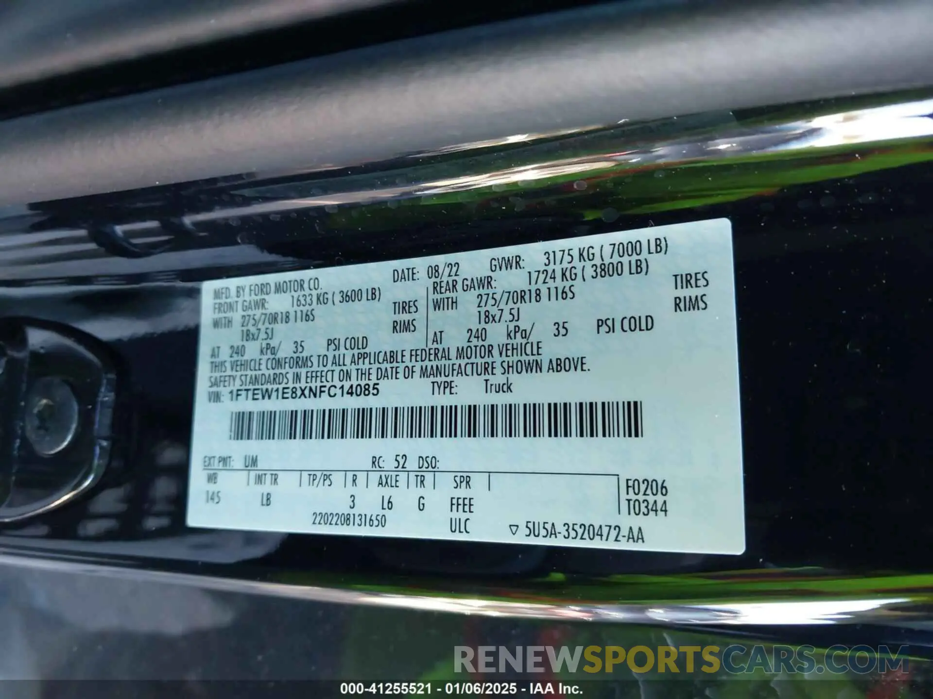 9 fotografías del automóvil dañado 1FTEW1E8XNFC14085 FORD F-150 2022
