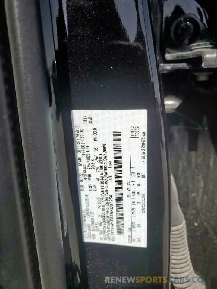 12 fotografías del automóvil dañado 1FTFW1E83NKD37254 FORD F-150 2022