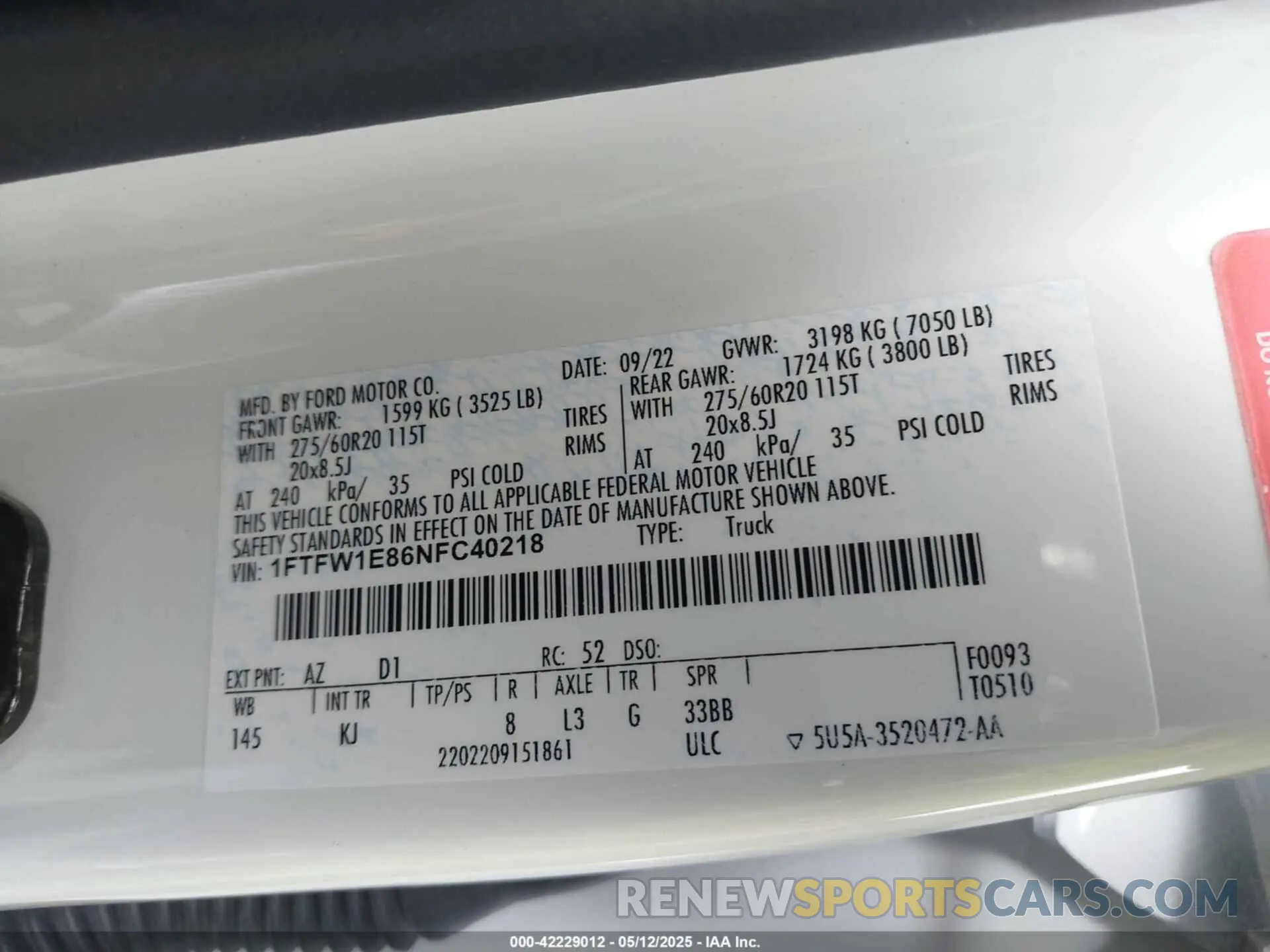 9 fotografías del automóvil dañado 1FTFW1E86NFC40218 FORD F-150 2022