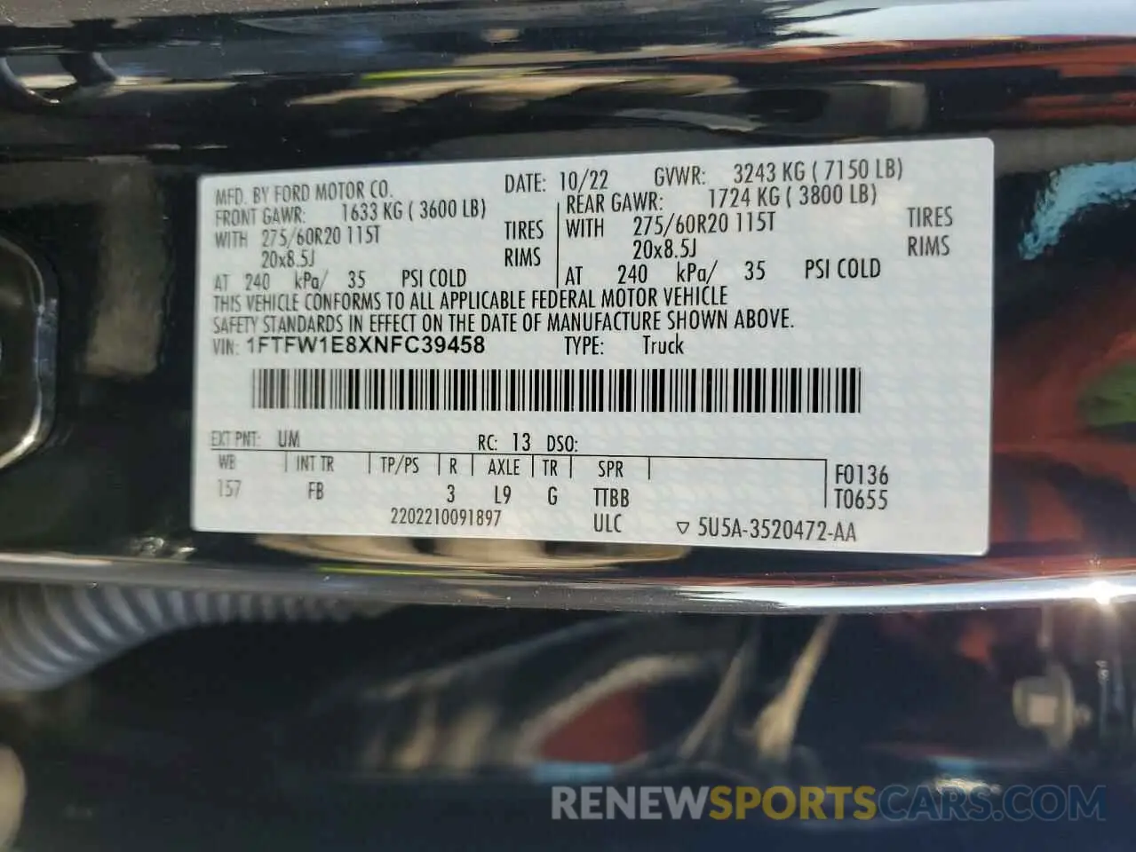 14 fotografías del automóvil dañado 1FTFW1E8XNFC39458 FORD F-150 2022