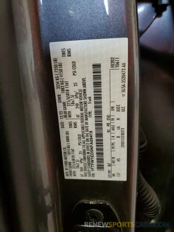 14 fotografías del automóvil dañado 1FTFW1ED5NFA09419 FORD F-150 2022