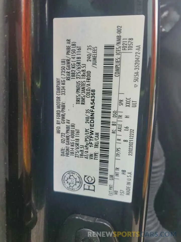 12 fotografías del automóvil dañado 1FTFW1ED8NFA54368 FORD F-150 2022