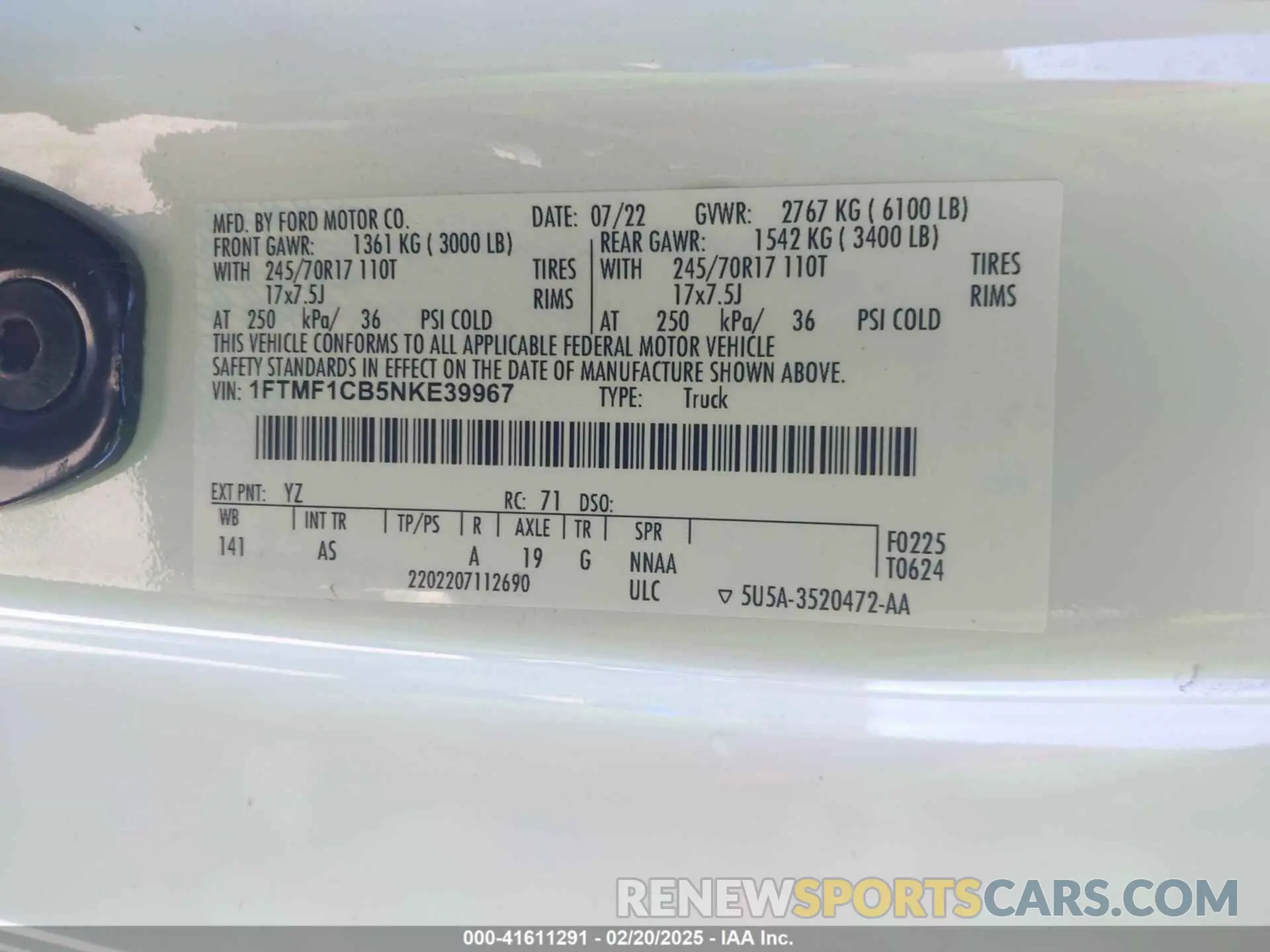 9 fotografías del automóvil dañado 1FTMF1CB5NKE39967 FORD F-150 2022