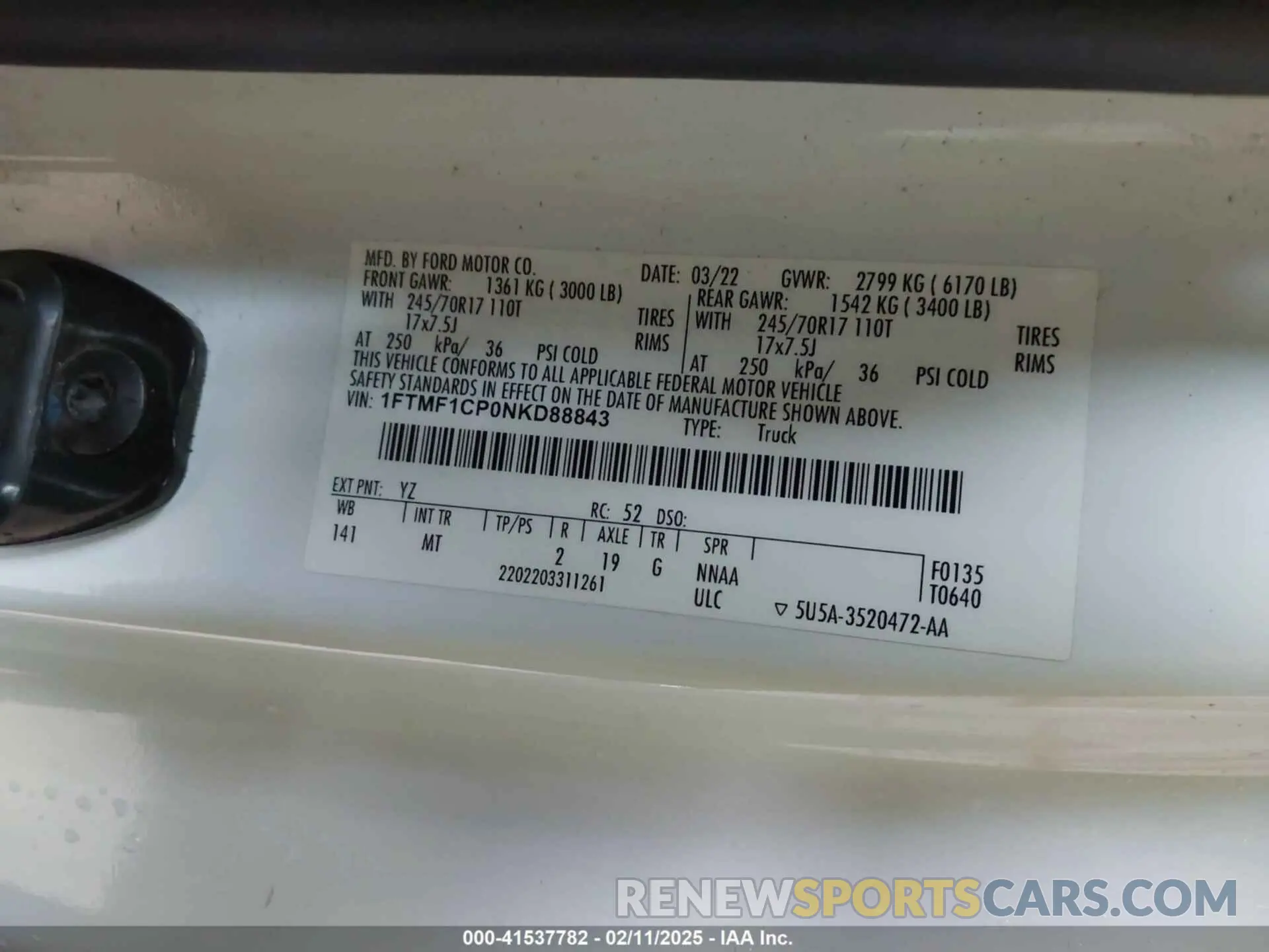 9 fotografías del automóvil dañado 1FTMF1CP0NKD88843 FORD F-150 2022