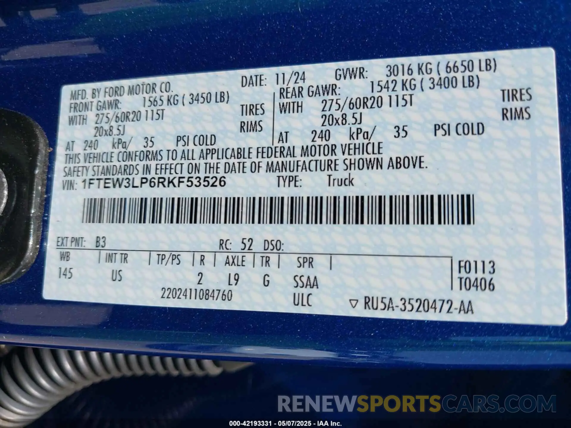 9 fotografías del automóvil dañado 1FTEW3LP6RKF53526 FORD F-150 2024