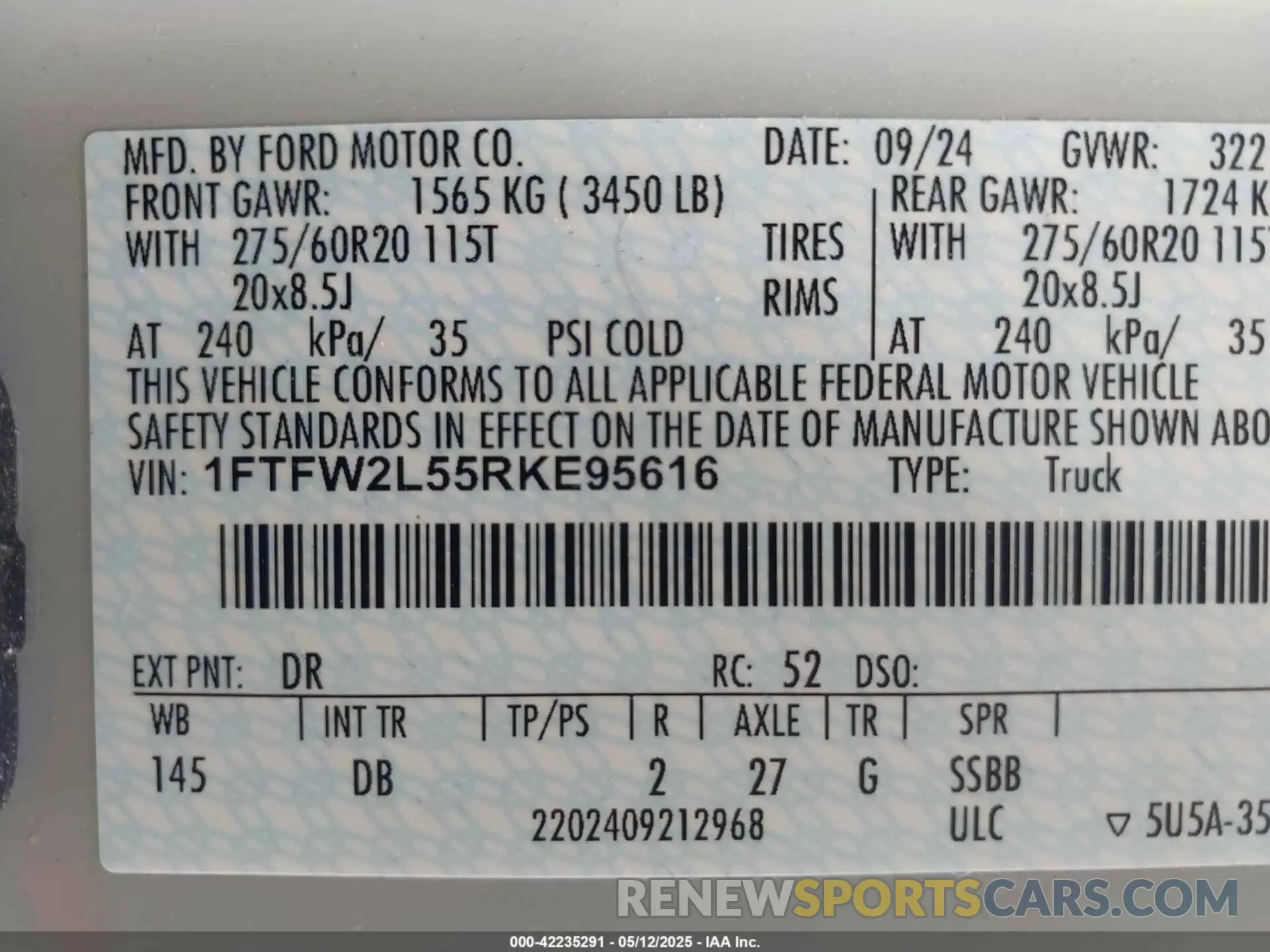 9 fotografías del automóvil dañado 1FTFW2L55RKE95616 FORD F-150 2024