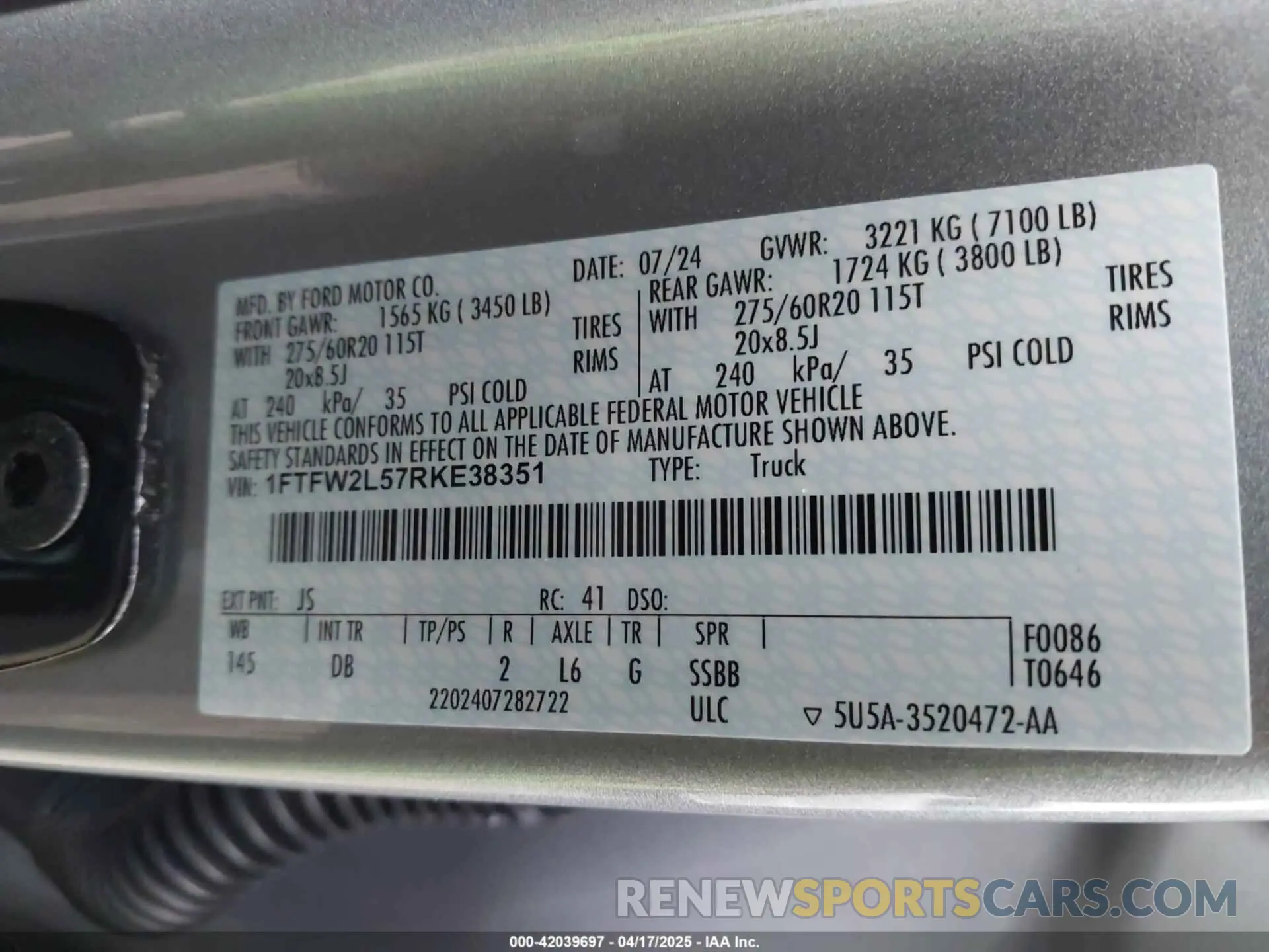 9 fotografías del automóvil dañado 1FTFW2L57RKE38351 FORD F-150 2024
