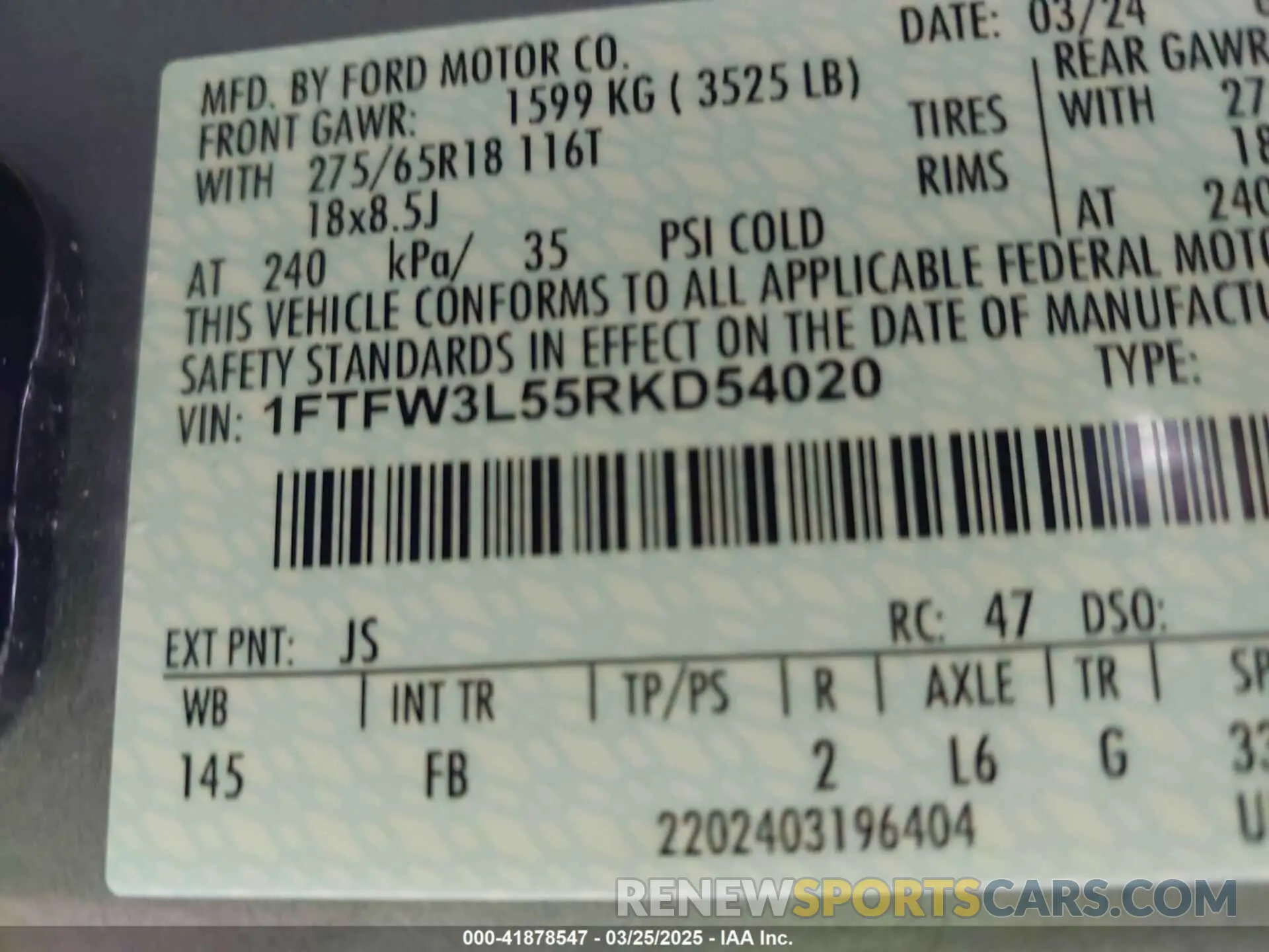 9 fotografías del automóvil dañado 1FTFW3L55RKD54020 FORD F-150 2024