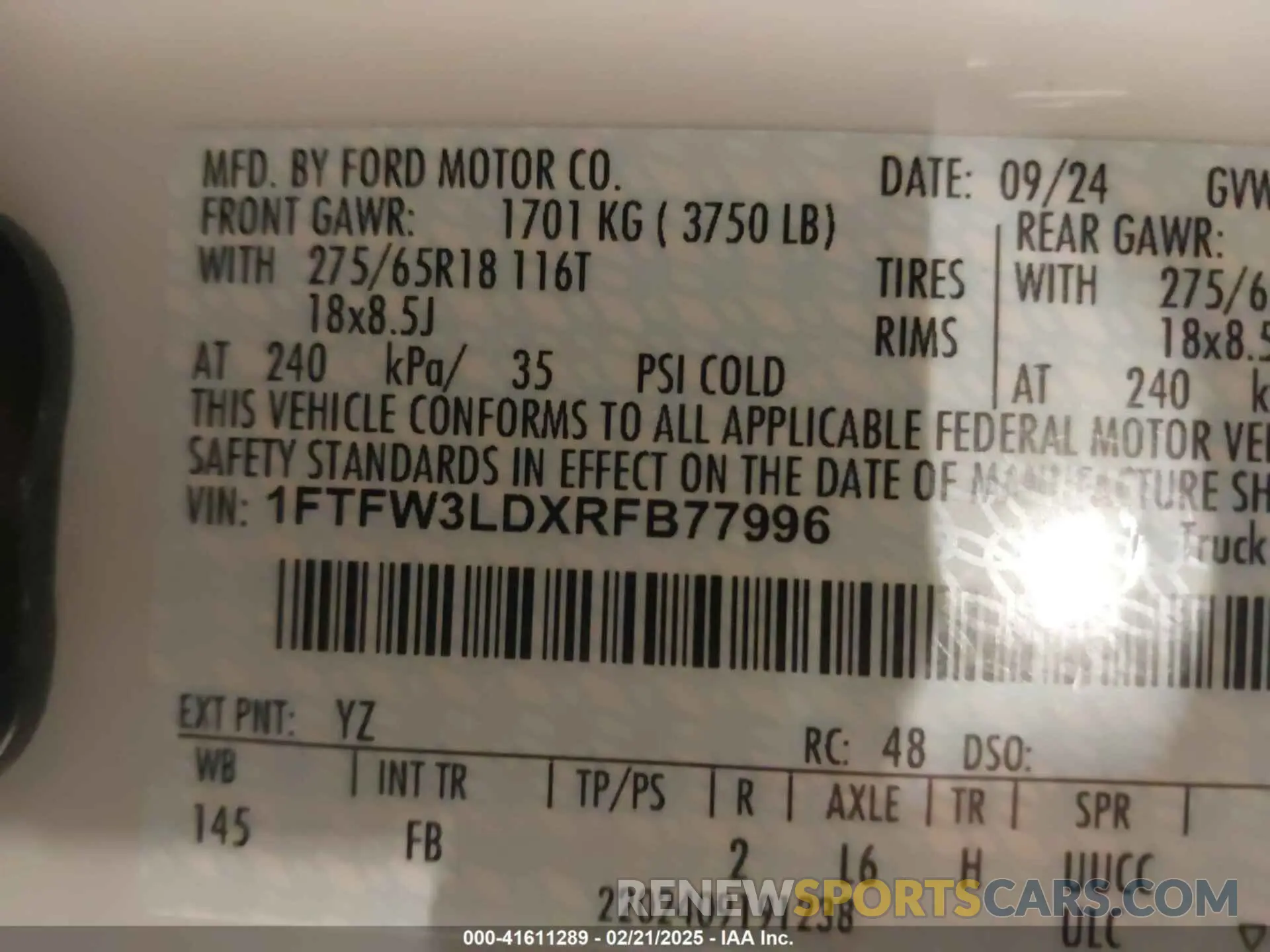 9 fotografías del automóvil dañado 1FTFW3LDXRFB77996 FORD F-150 2024