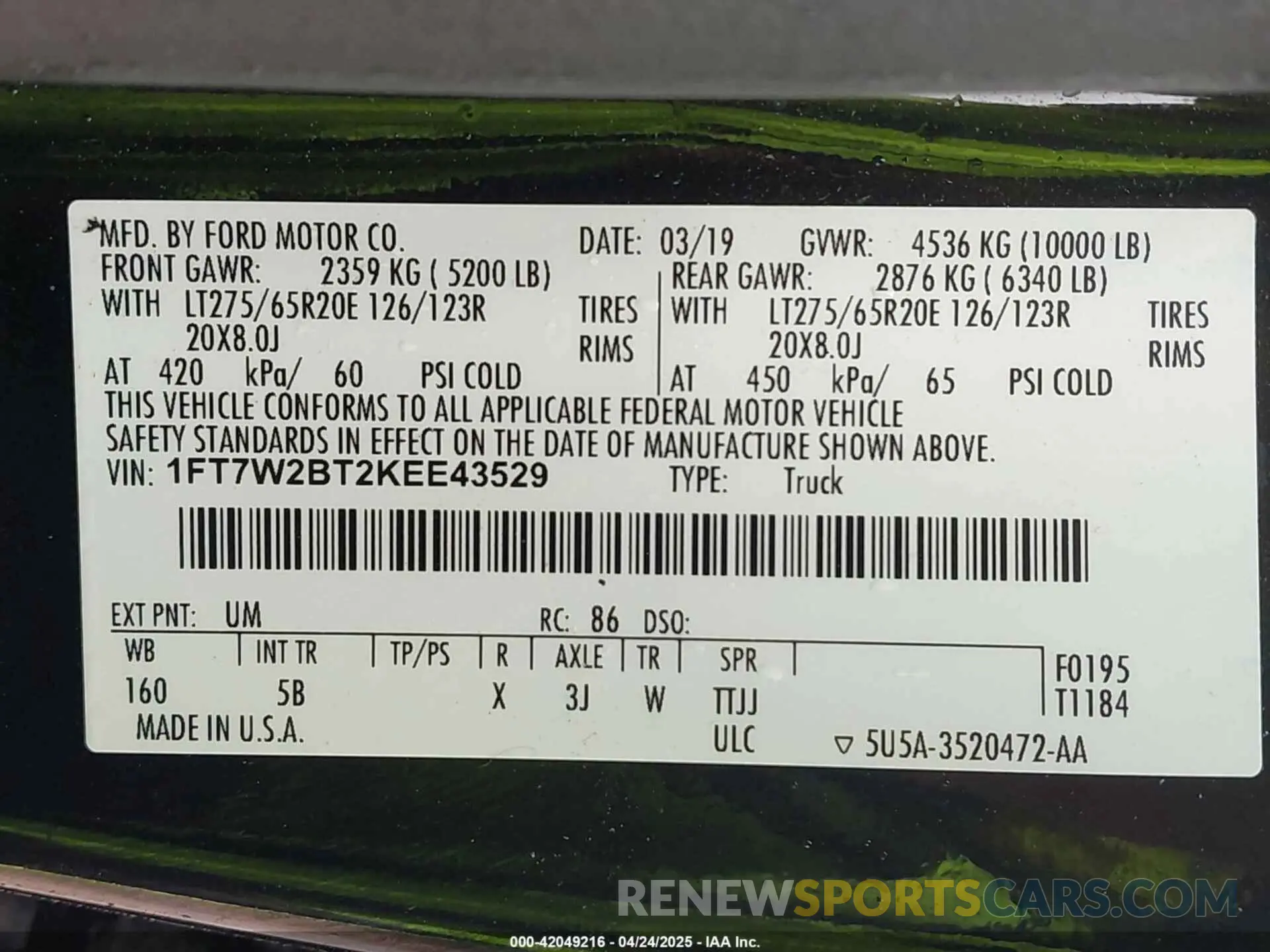 9 fotografías del automóvil dañado 1FT7W2BT2KEE43529 FORD F-250 2019