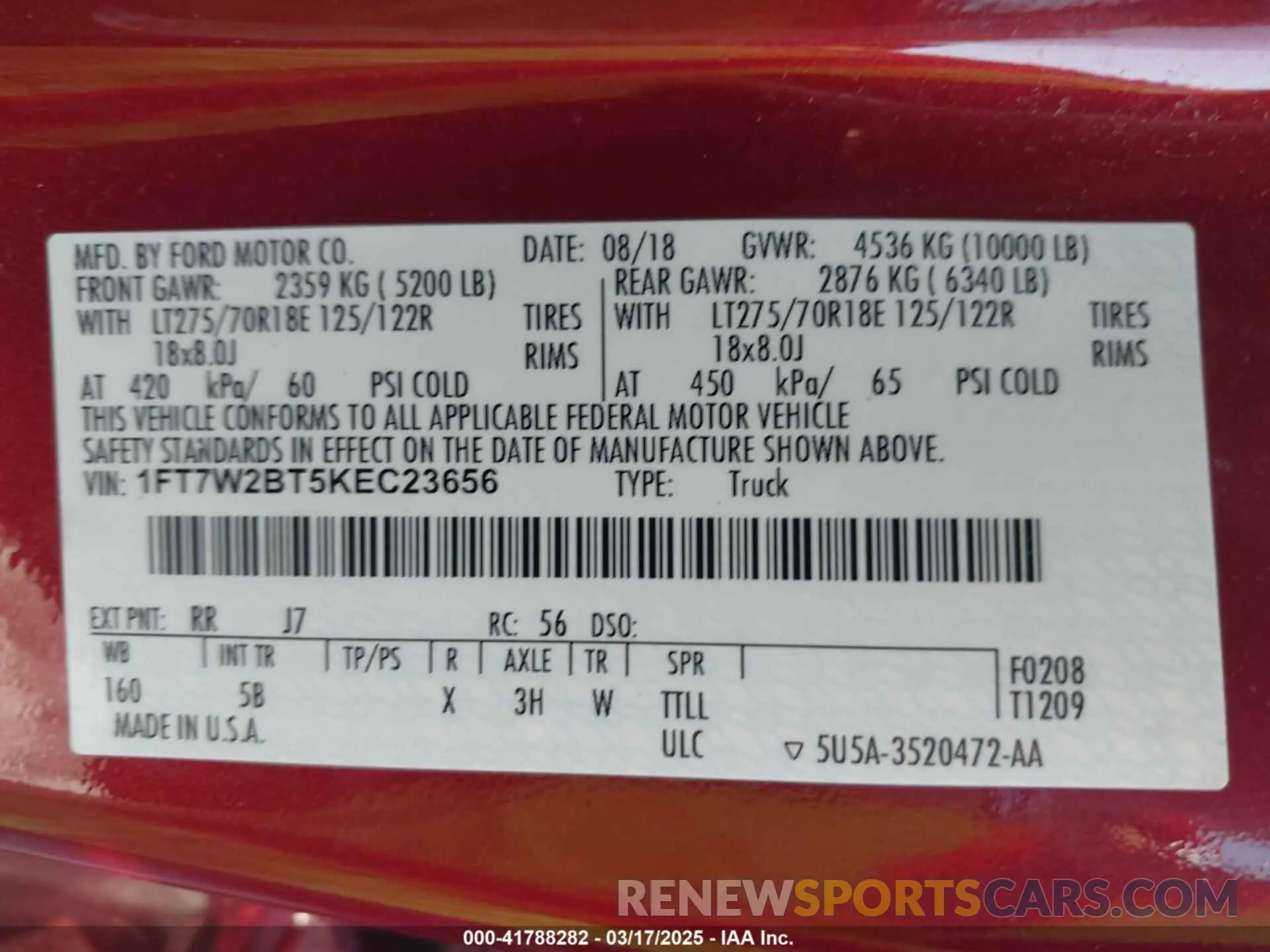 9 fotografías del automóvil dañado 1FT7W2BT5KEC23656 FORD F-250 2019