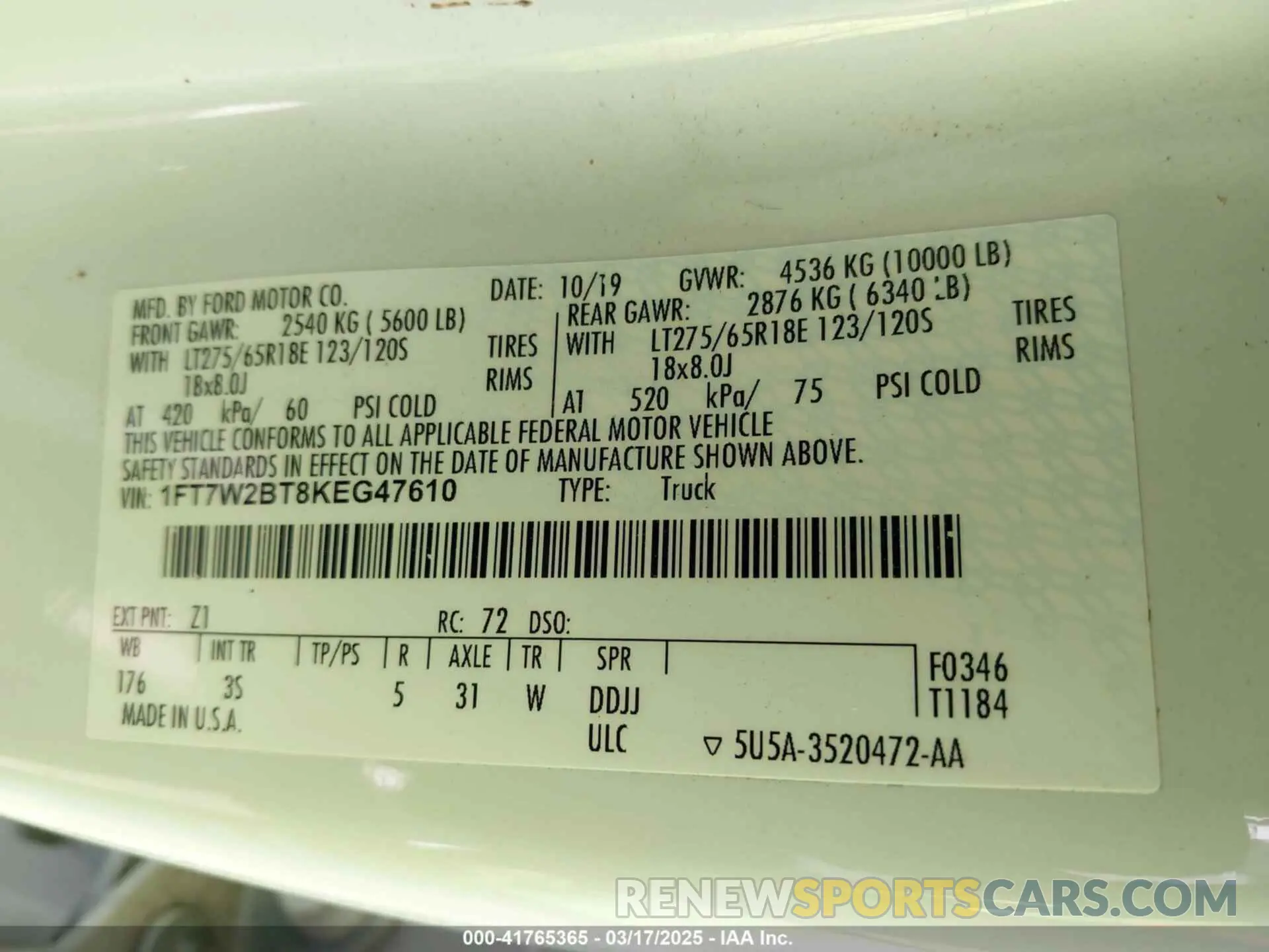 9 fotografías del automóvil dañado 1FT7W2BT8KEG47610 FORD F-250 2019