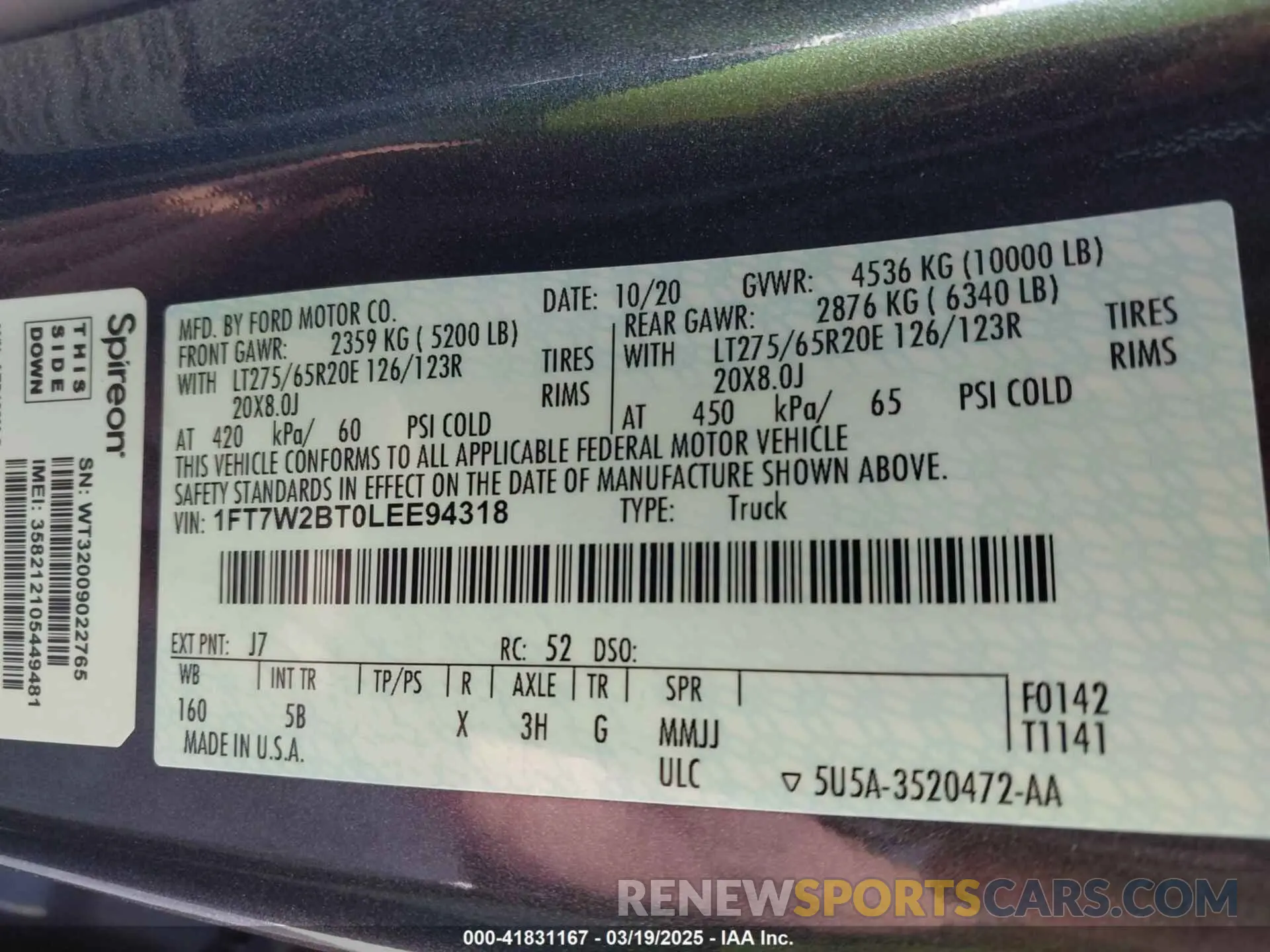 9 fotografías del automóvil dañado 1FT7W2BT0LEE94318 FORD F-250 2020
