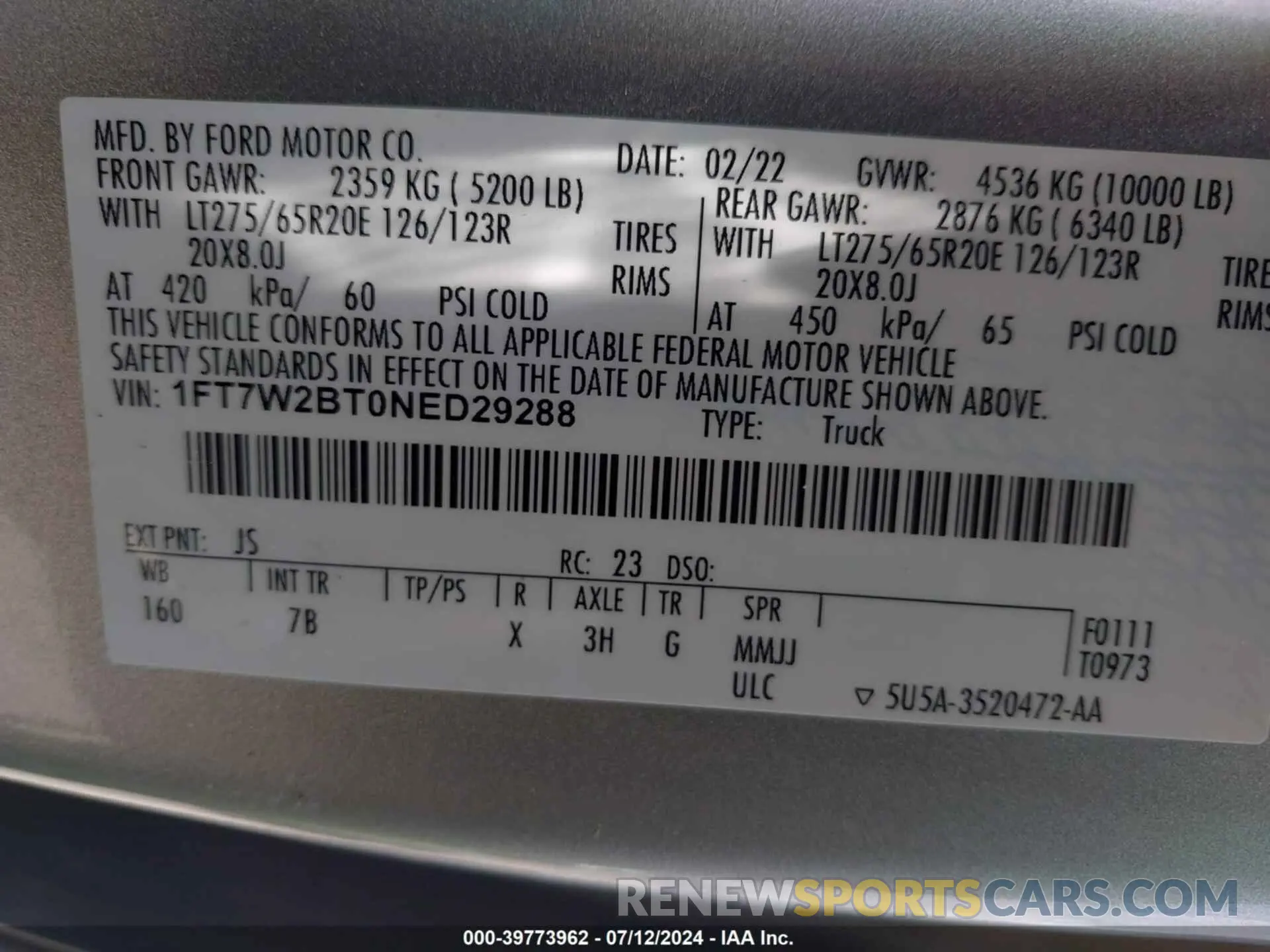 9 fotografías del automóvil dañado 1FT7W2BT0NED29288 FORD F-250 2022